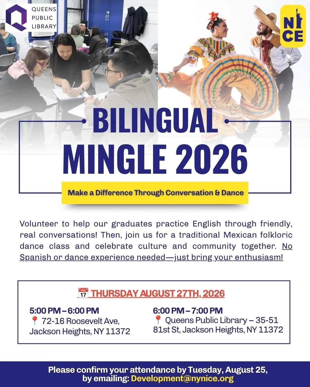 Unlock New Connections Through Conversation and Dance!

Join us for our next Bilingual Mingle on August 27th at 5 PM, located at 72-16 Roosevelt Ave, Jackson Heights, NY 11372.

What to Expect:
- Engage in dynamic conversations.
- Experience the joy 