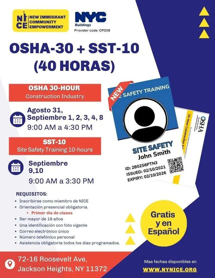 &iexcl;Solo quedan 5 d&iacute;as para inscribirte! Cursos Gratuitos de OSHA-30 &amp; SST-10 🚨
Si trabajas en construcci&oacute;n en NYC o quieres empezar este a&ntilde;o, necesitas tus tarjetas de seguridad al d&iacute;a para entrar a cualquier obra
