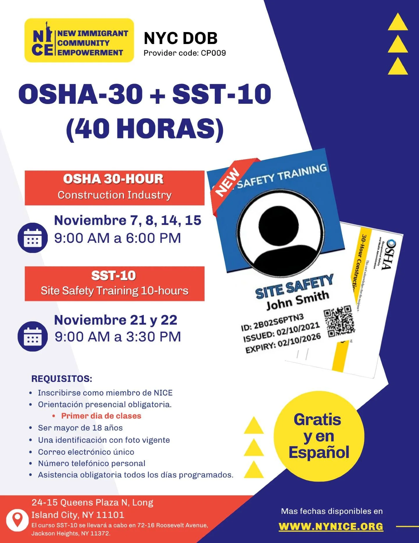 &iexcl;Comienza noviembre certific&aacute;ndote GRATIS en NICE!

Si quieres trabajar en construcci&oacute;n en NYC, aseg&uacute;rate de tener tus certificaciones al d&iacute;a.

📌 Cursos destacados de inicio de mes:

&bull; OSHA 30 Horas + SST Worke