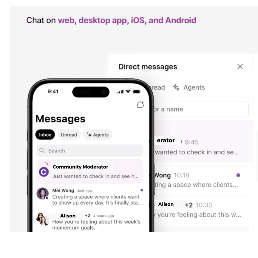 Screenshot of a mobile messaging app showing direct messages, including conversations with a community moderator, Mei Wong, and Alison, with options to search and filter messages.