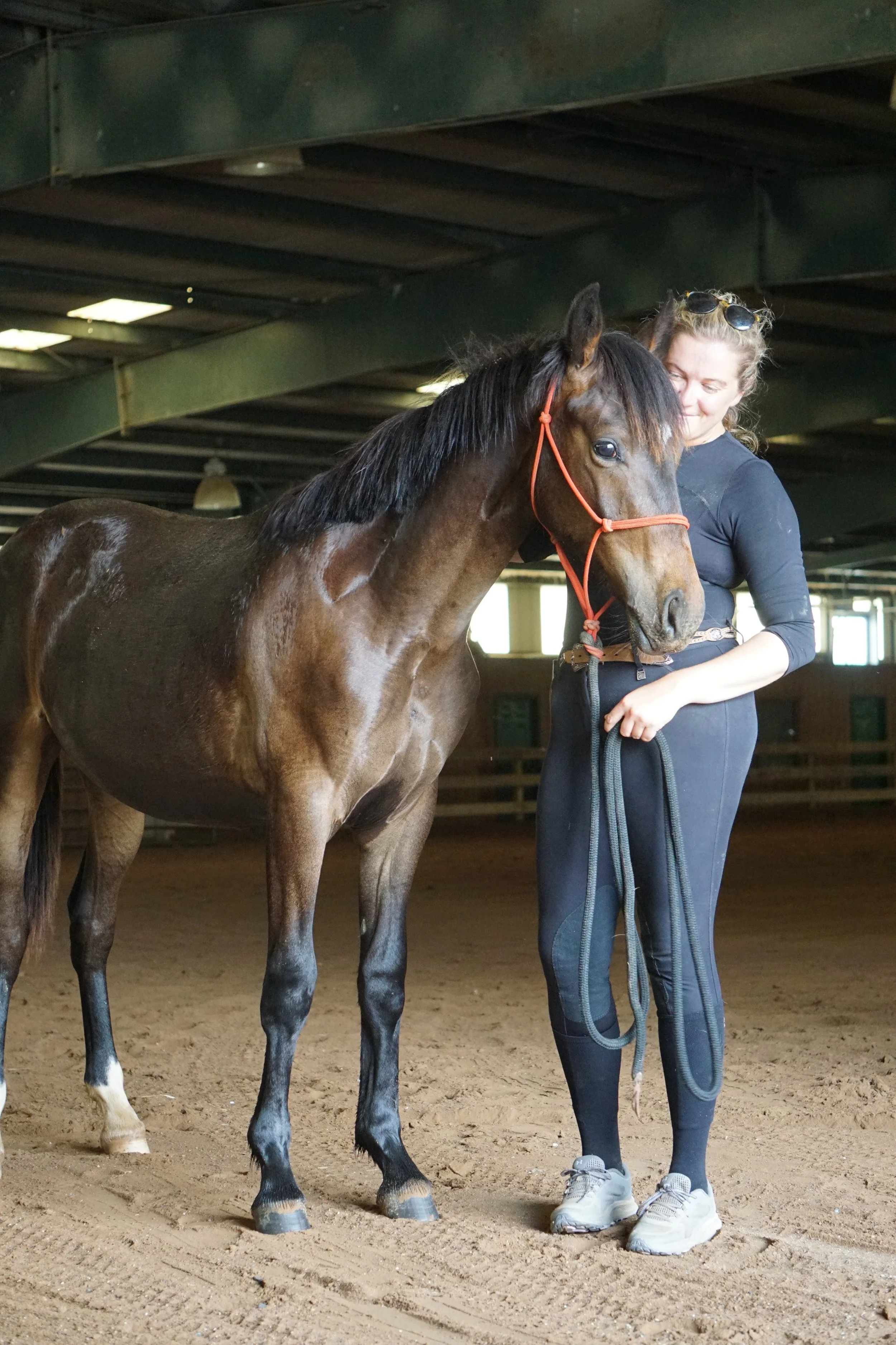 A woman standing next to a brown horse inside an indoor riding arena, holding the horse's reins while smiling and looking at the horse.