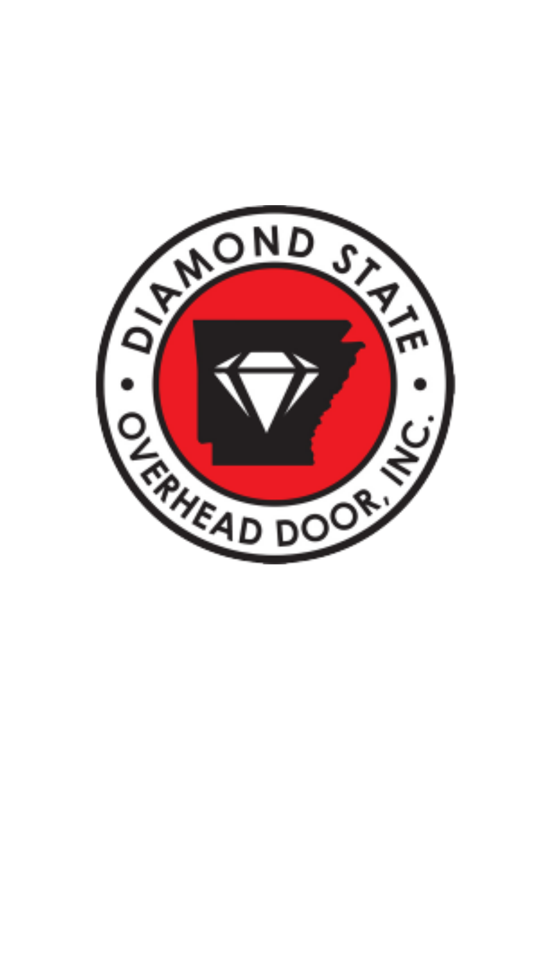 Logo for Diamond State Overhead Door, Inc., featuring a black outline of Arkansas with a diamond symbol in the center, red background, and black text.