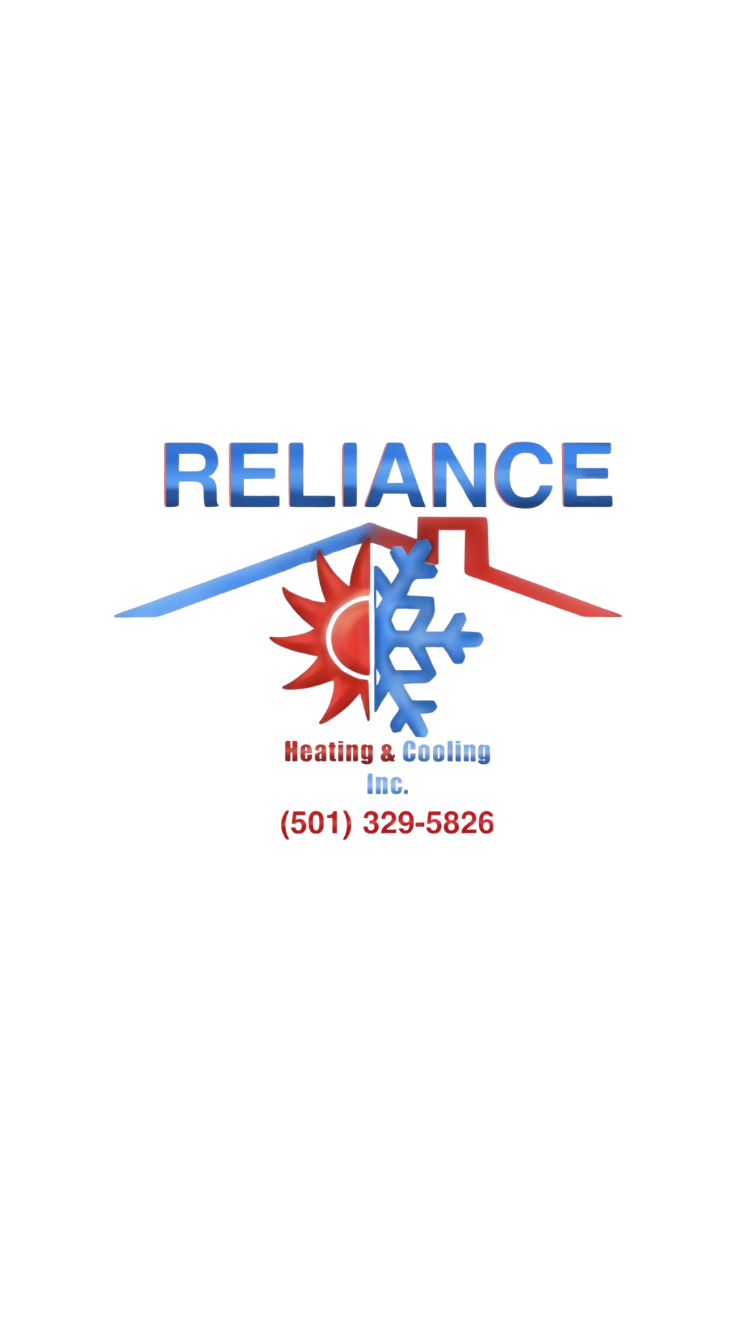 Logo for Reliance Heating & Cooling Inc. featuring a sun and snowflake with a house outline, and contact number (501) 329-5826.