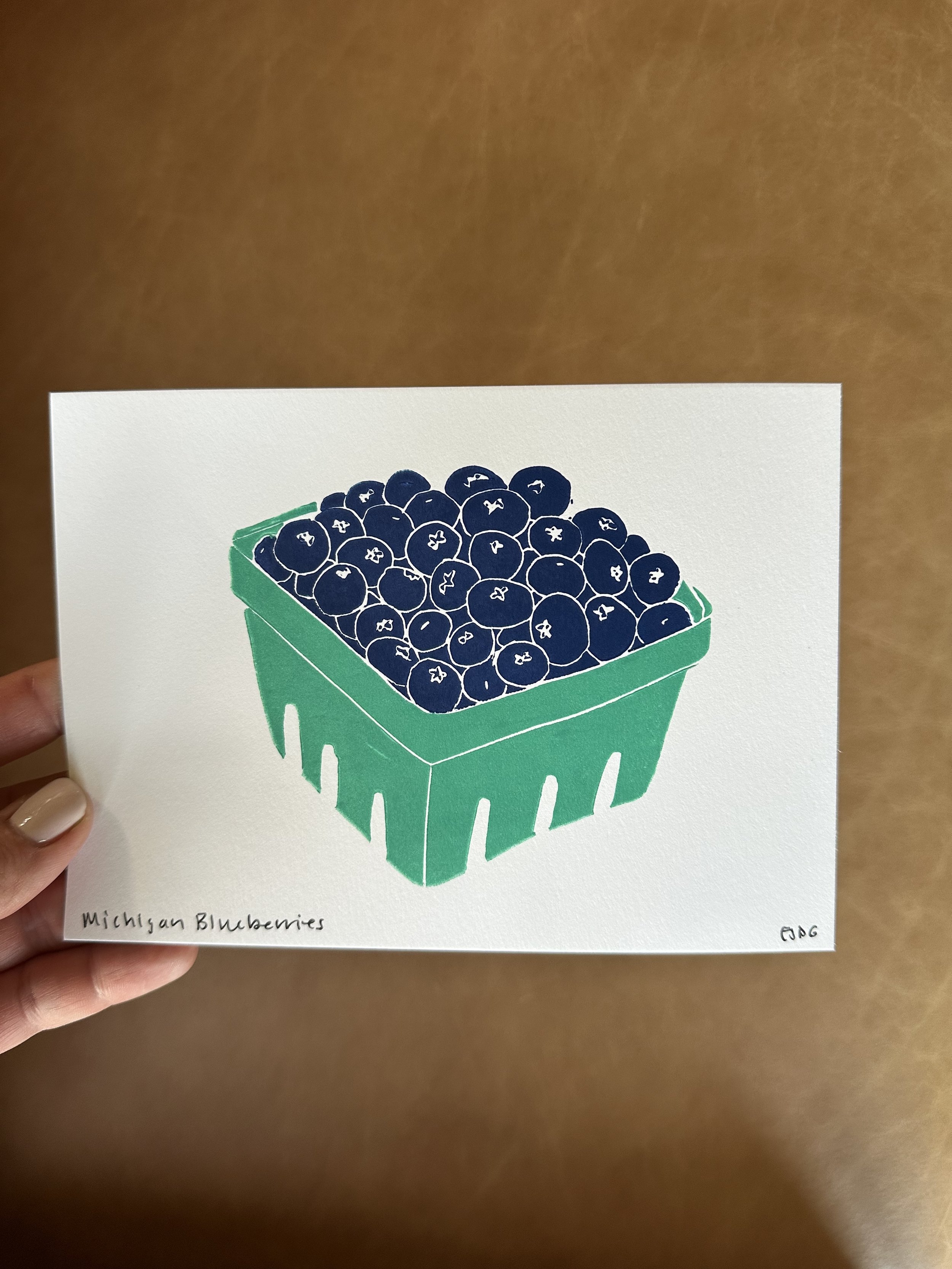 Michigan Blueberries, 5x7 Original Block Print