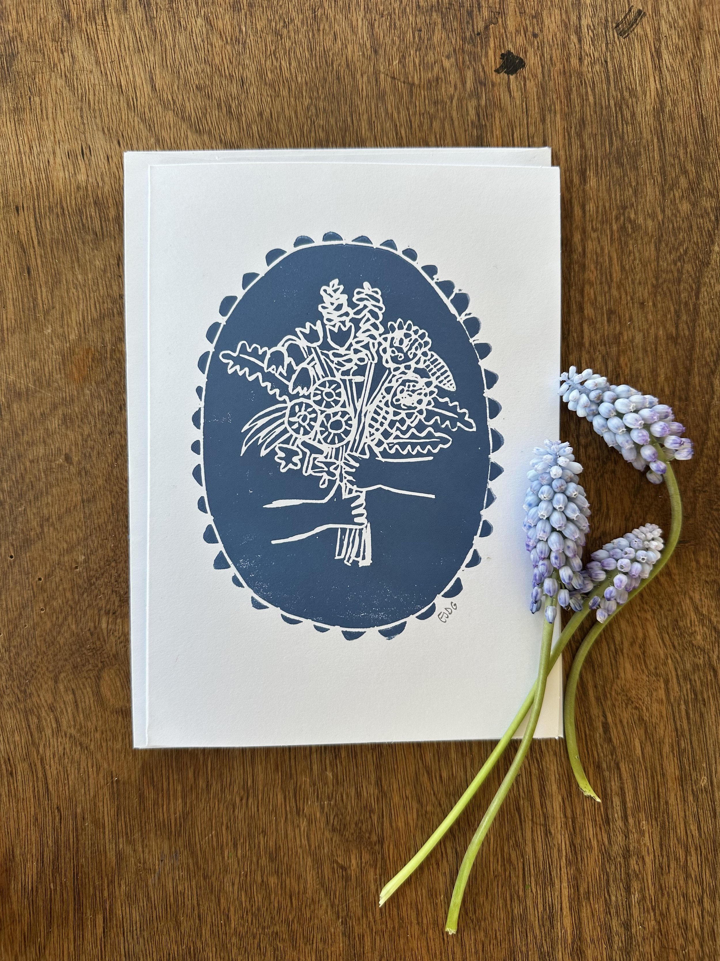 Bouquet for You - Handprinted Linocut Card (Blank Inside)