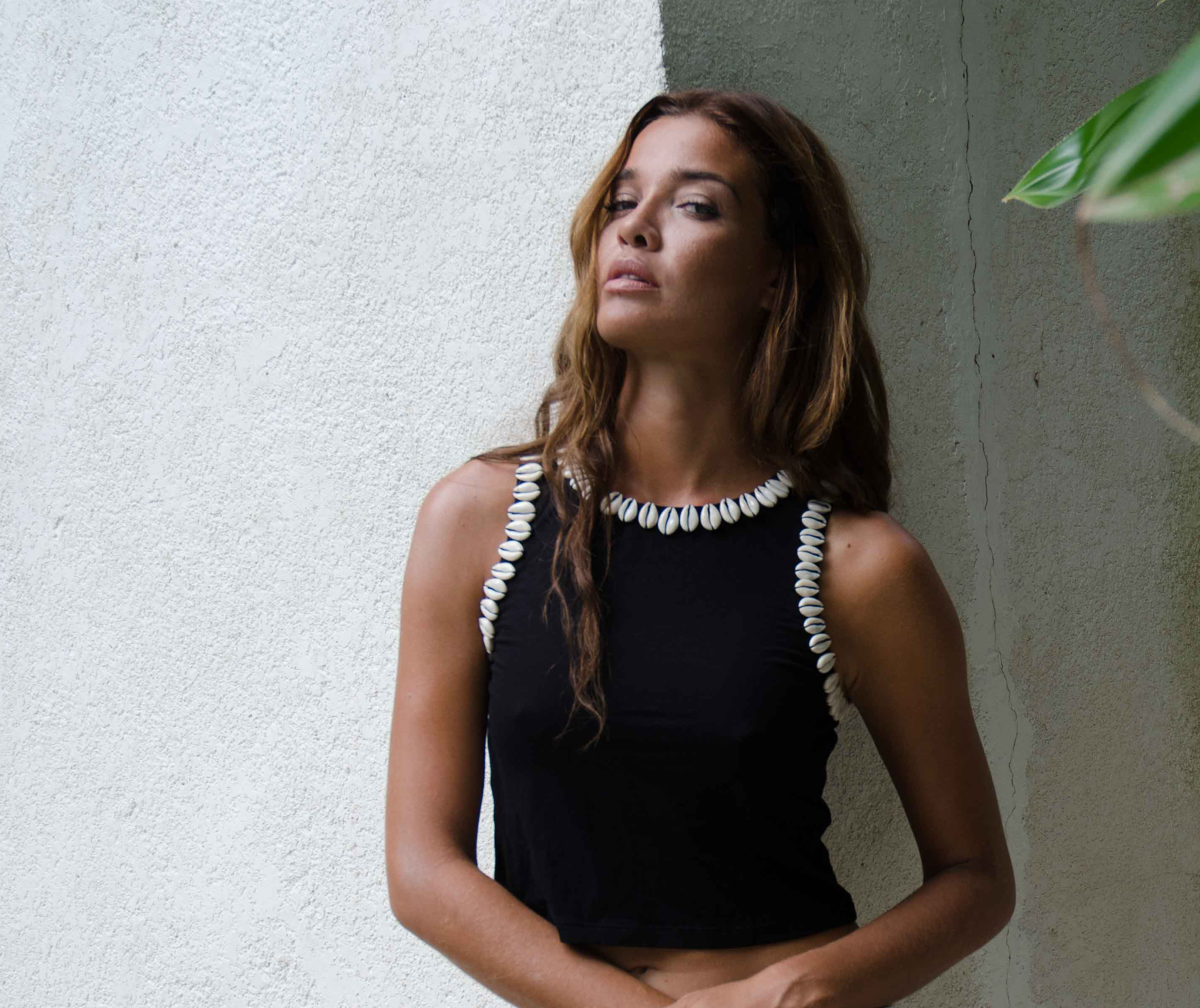 Fair trade organic bamboo crop top with cowrie shell collar