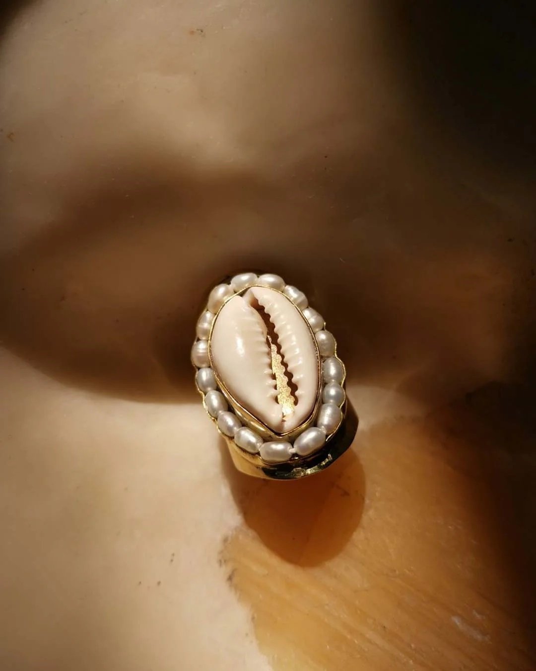 Shell pearl and ethical gold ring