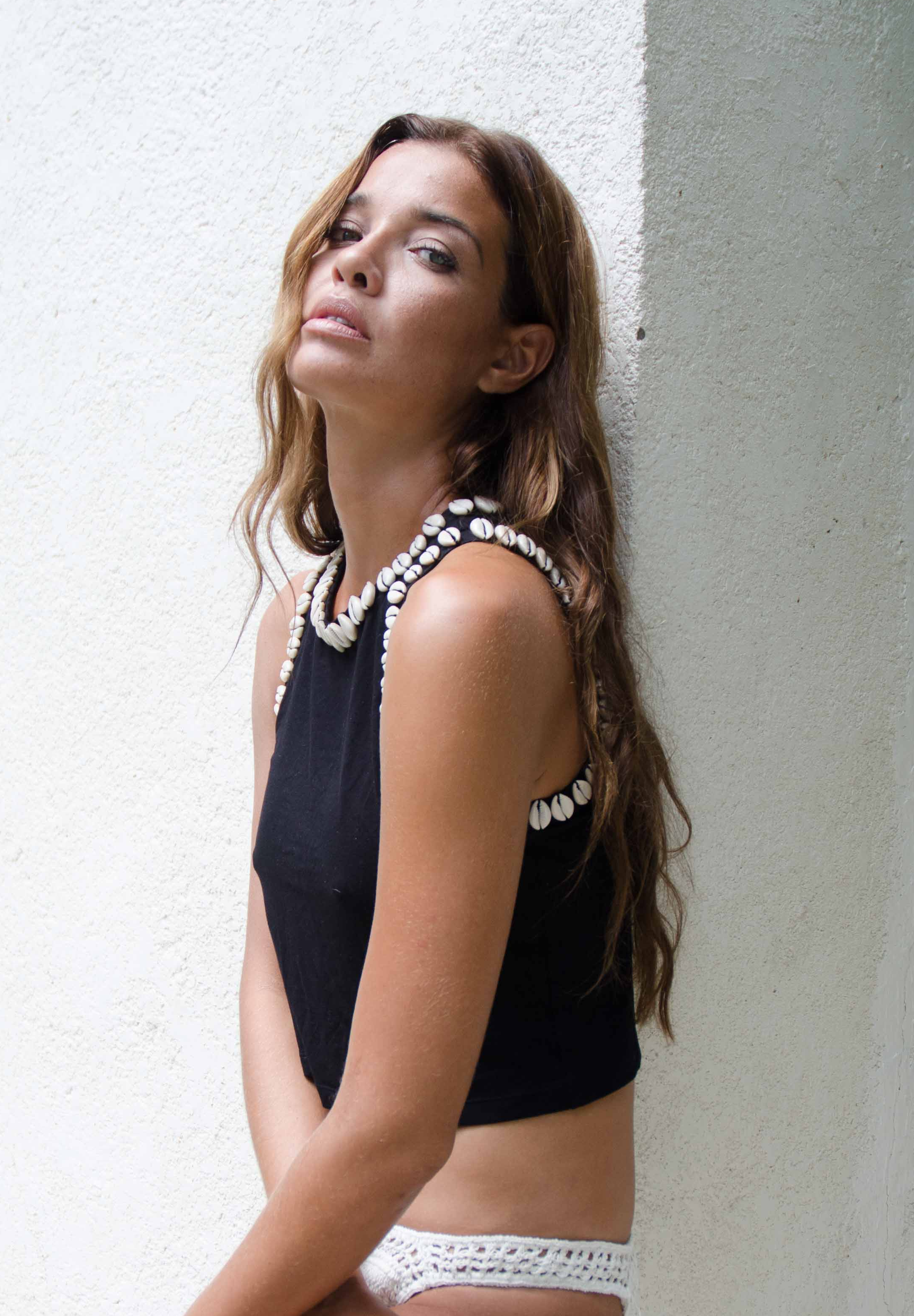 Organic bamboo cotton crop top with cowrie shells
