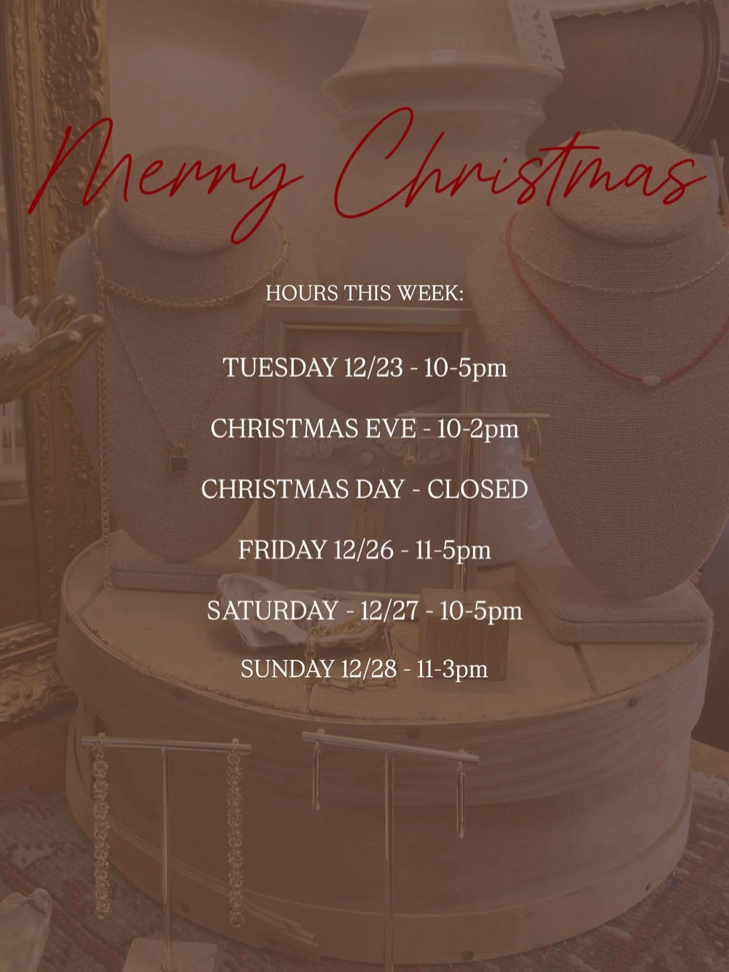 ✨ HAPPY HOLIDAYS! ✨ our hours this week! With special guest @jenmonroe3 popping up on Tuesday! From 1pm- sell out! Looking forward to spreading Christmas cheer all week. See you Tuesday! &hearts;️🎄 

#shopsmall #smallbuisness #holidays