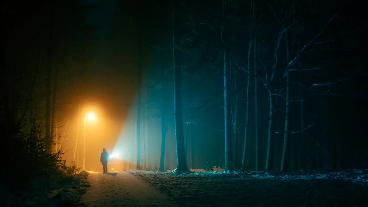 Man walking down foggy forest road. An orange street light glows, contrasting with the blue light of his flashlight. Image by Jaroslav Maléř.
