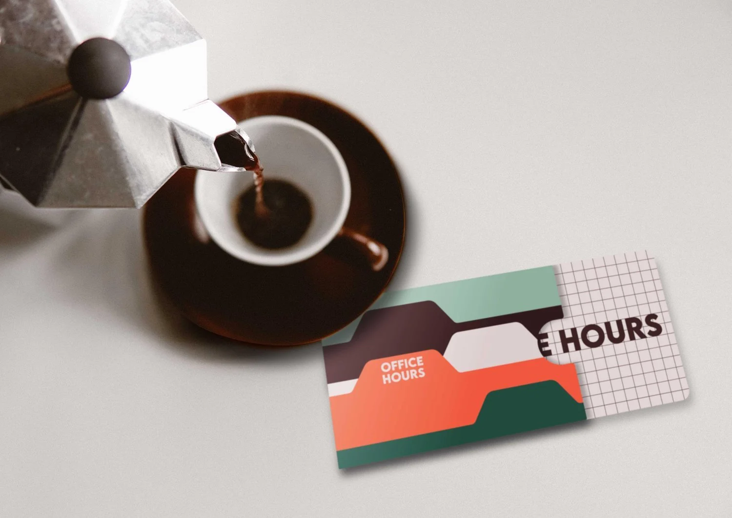 Pouring coffee with Office Hours branded card beside the cup | The Morris Project