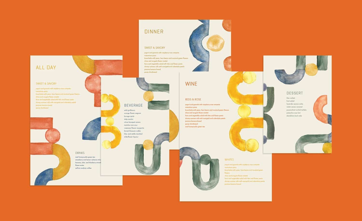 Colorful menu layouts with watercolor accents on a bold orange background | The Morris Project