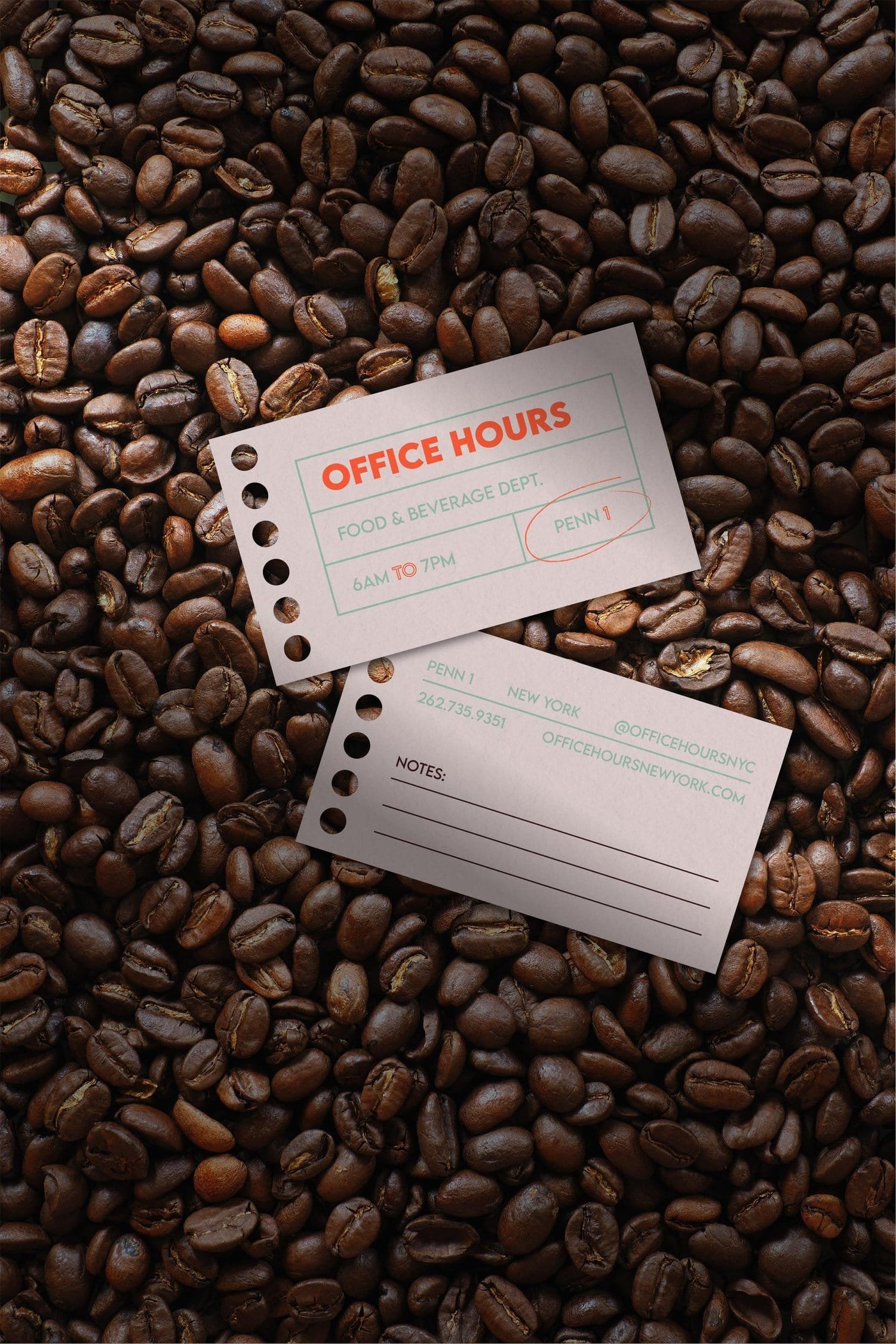 Office Hours cards placed on a bed of coffee beans with vibrant design | The Morris Project
