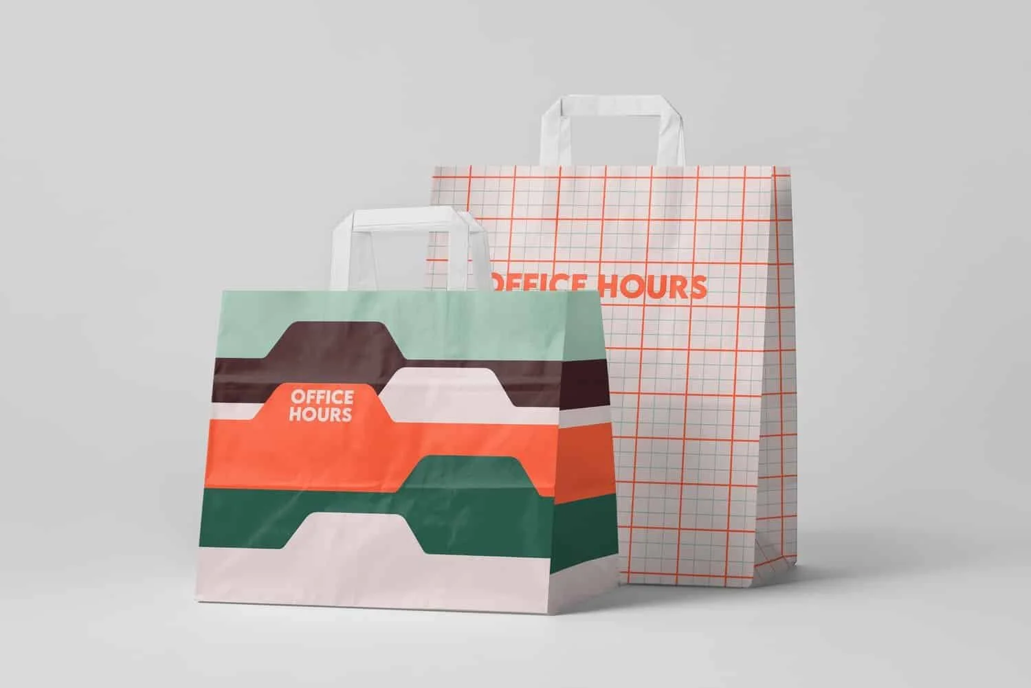 Colorful 'Office Hours' shopping bags with geometric and grid designs | The Morris Project
