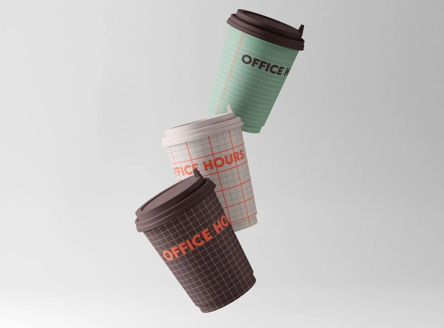 Floating coffee cups with grid patterns and Office Hours branding | The Morris Project