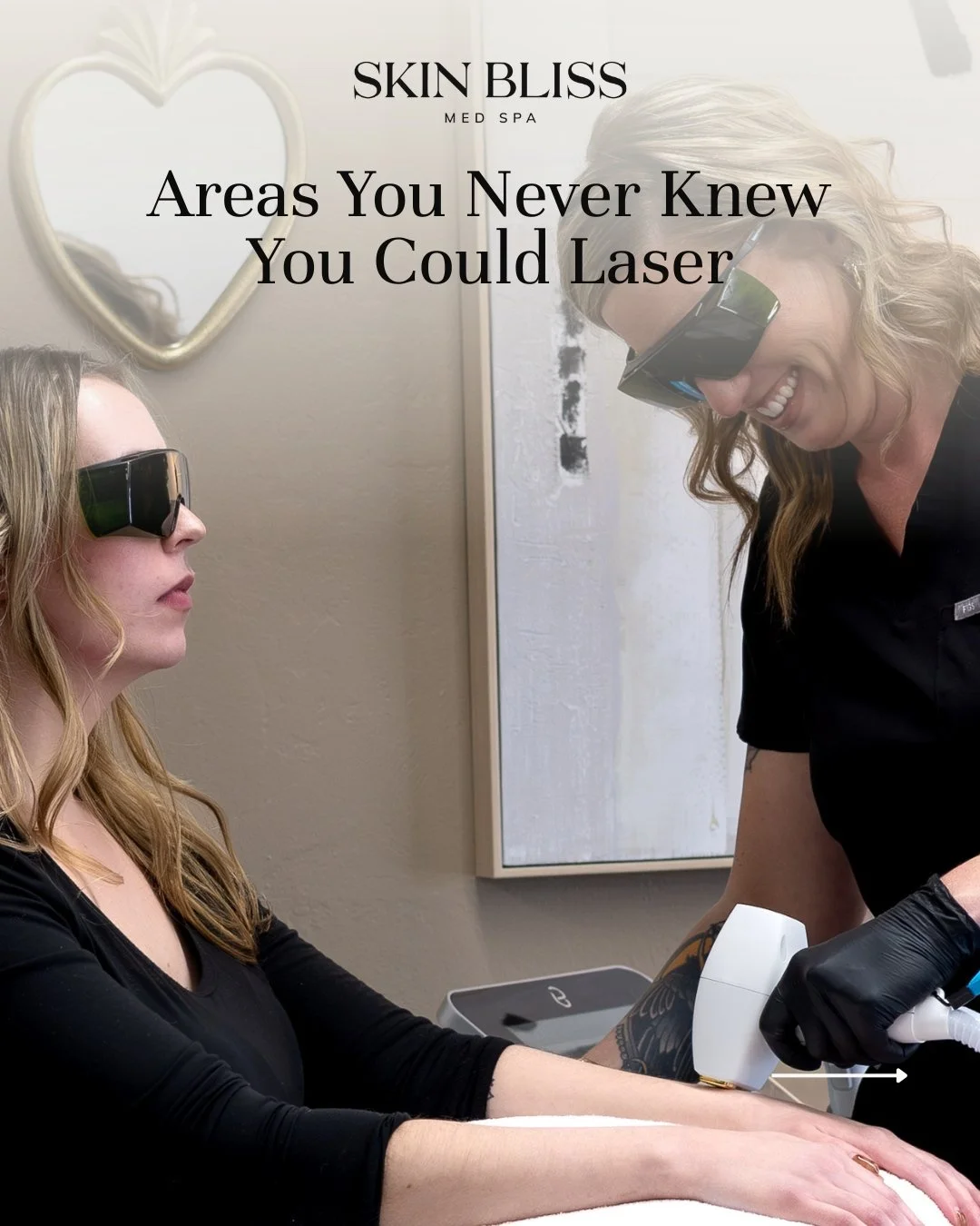 Laser hair removal works in more places than you think. 👀

Most people only think about legs, underarms, and bikini, but we treat areas that never even cross people's minds.

Ears. Toes. Fingers. Happy trail. Sideburns. Around the beard line. Back o