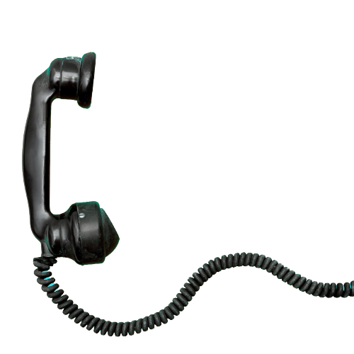 Black landline telephone handset connected to a coiled cord resting on a light-colored surface.