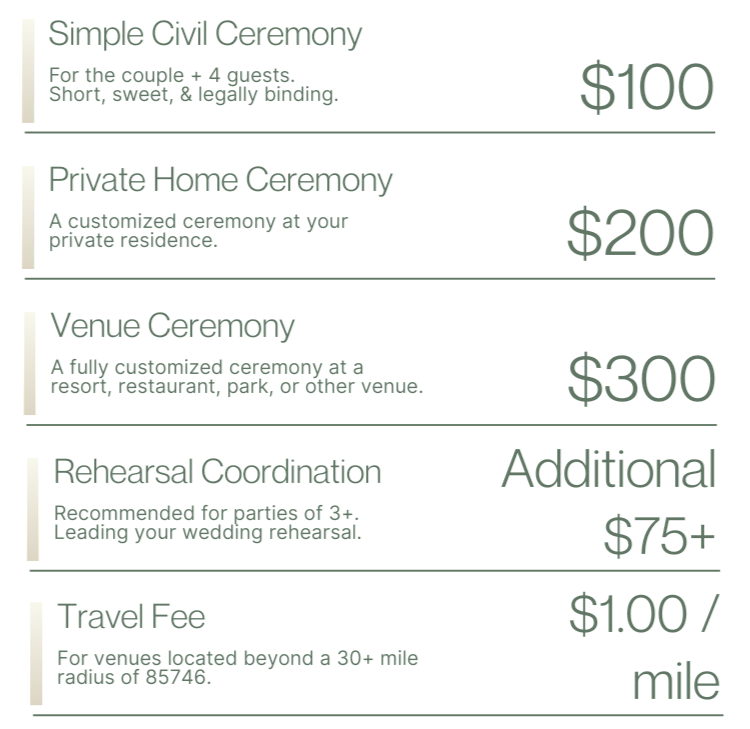 A chart detailing wedding ceremony packages and prices, including Simple Civil Ceremony for $100, Private Home Ceremony for $200, Venue Ceremony for $300, Rehearsal Coordination starting at $75, and Travel Fee of $1.00 per mile.
