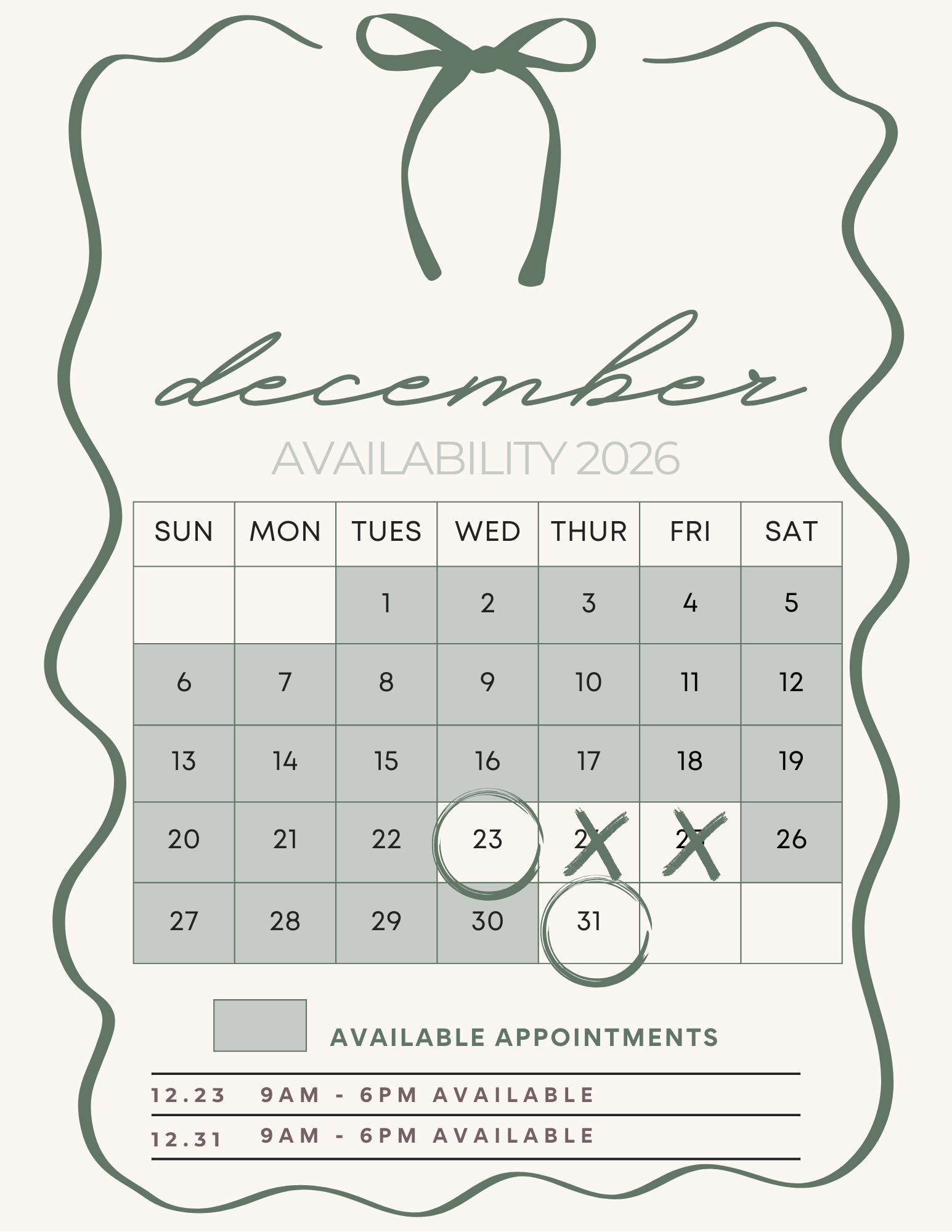 Monthly availability calendar for booking appointments - showing open dates with decorative border