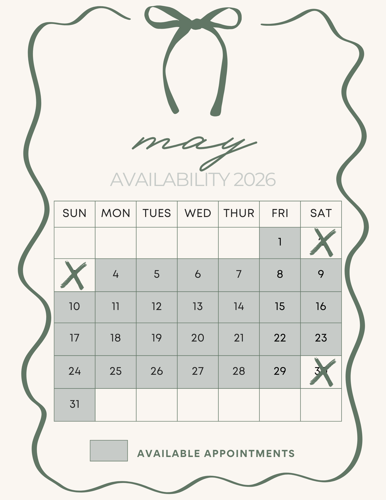 Monthly availability calendar for booking appointments - showing open dates with decorative border