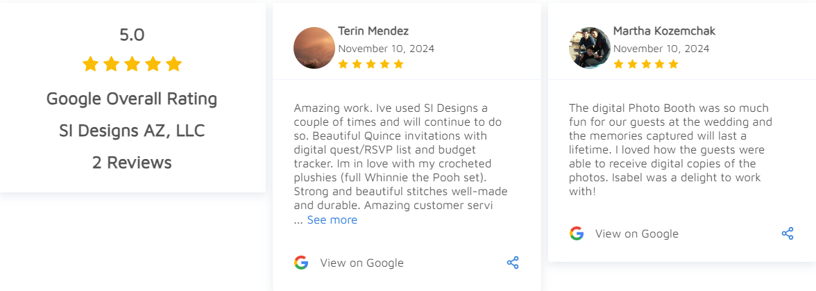 Google review summary with 5-star rating, 2 reviews, for SI Designs AZ, LLC, with reviews from Terin Mendez and Martha Kozemchak describing their positive experiences with digital design services and photo booth rentals.