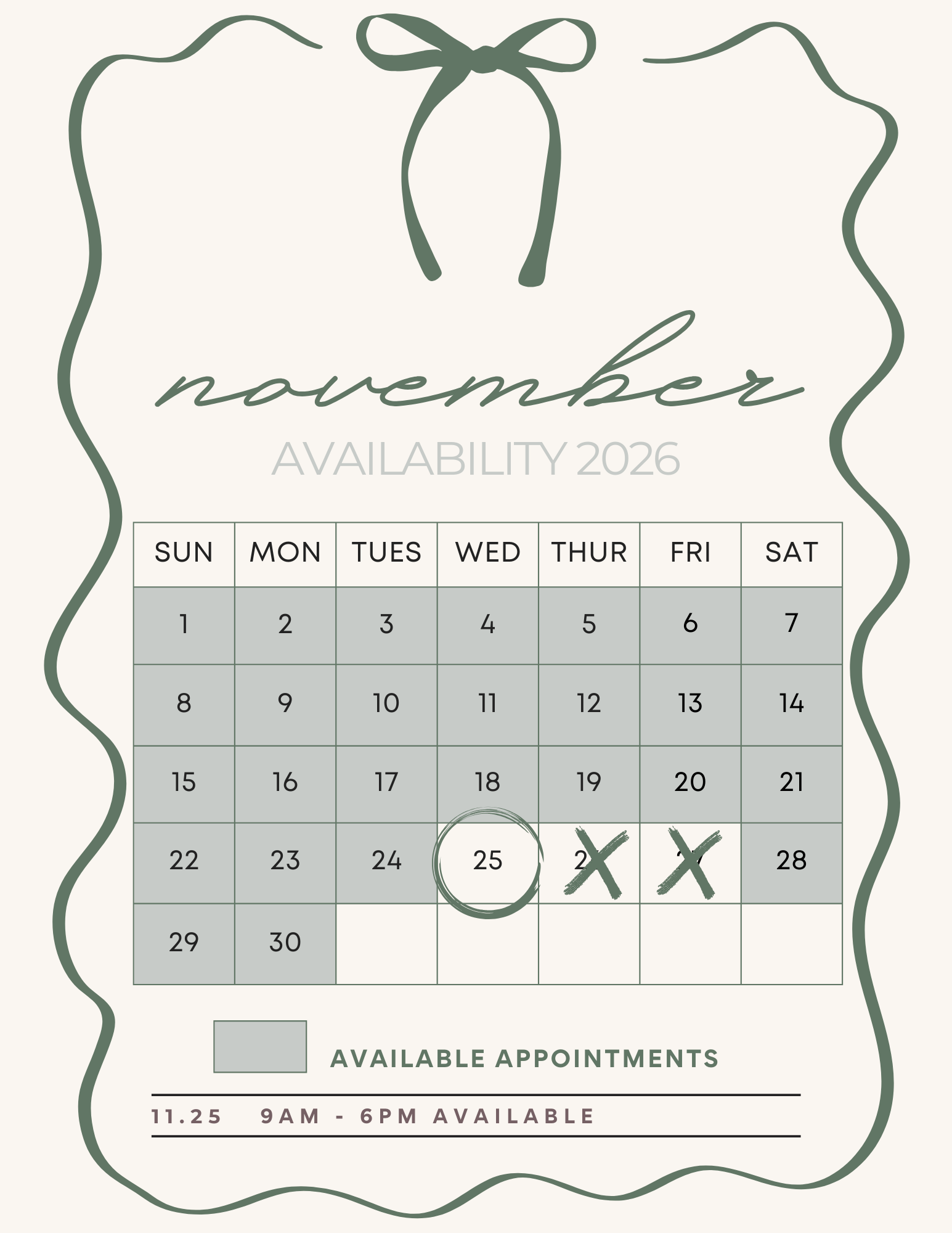 Monthly availability calendar for booking appointments - showing open dates with decorative border