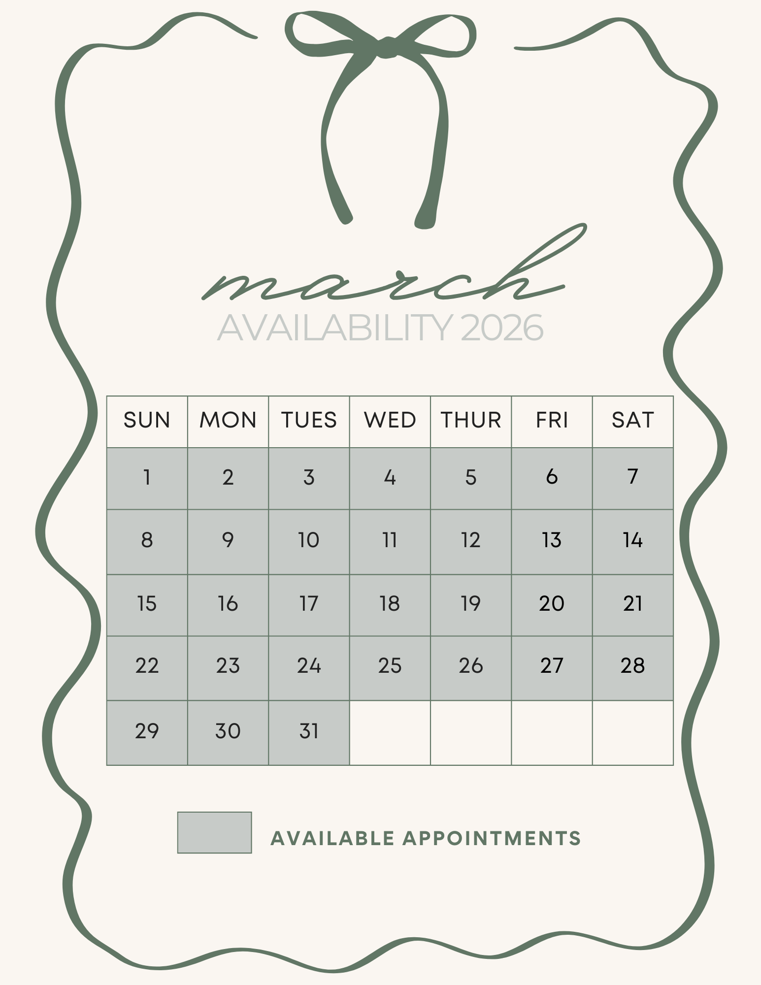Monthly availability calendar for booking appointments - showing open dates with decorative border