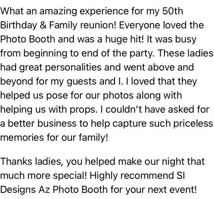 Customer review praising a photo booth experience at a 50th birthday and family reunion, highlighting fun, helpful staff, and the photo booth's popularity.