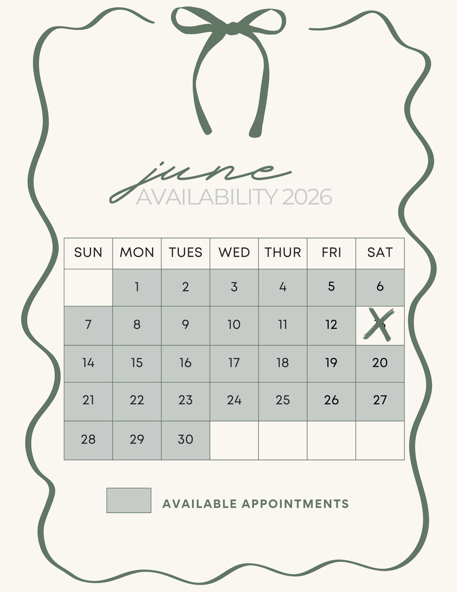 Monthly availability calendar for booking appointments - showing open dates with decorative border