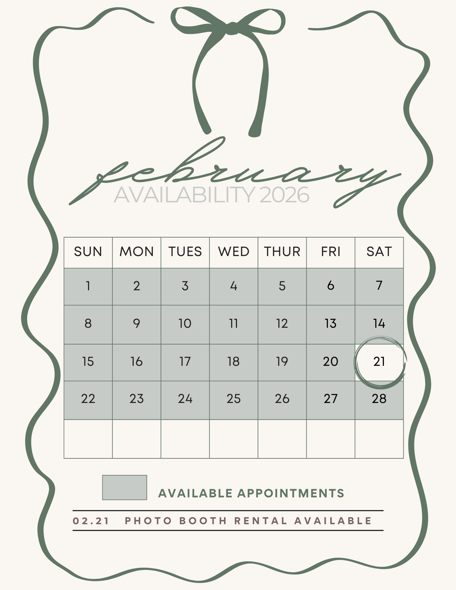 Monthly availability calendar for booking appointments - showing open dates with decorative border