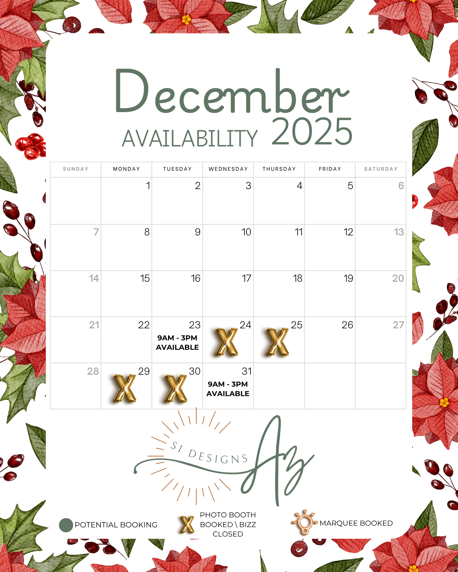 December 2025 availability calendar with holiday-themed border of poinsettias, holly, and berries, showing available times and booking symbols.