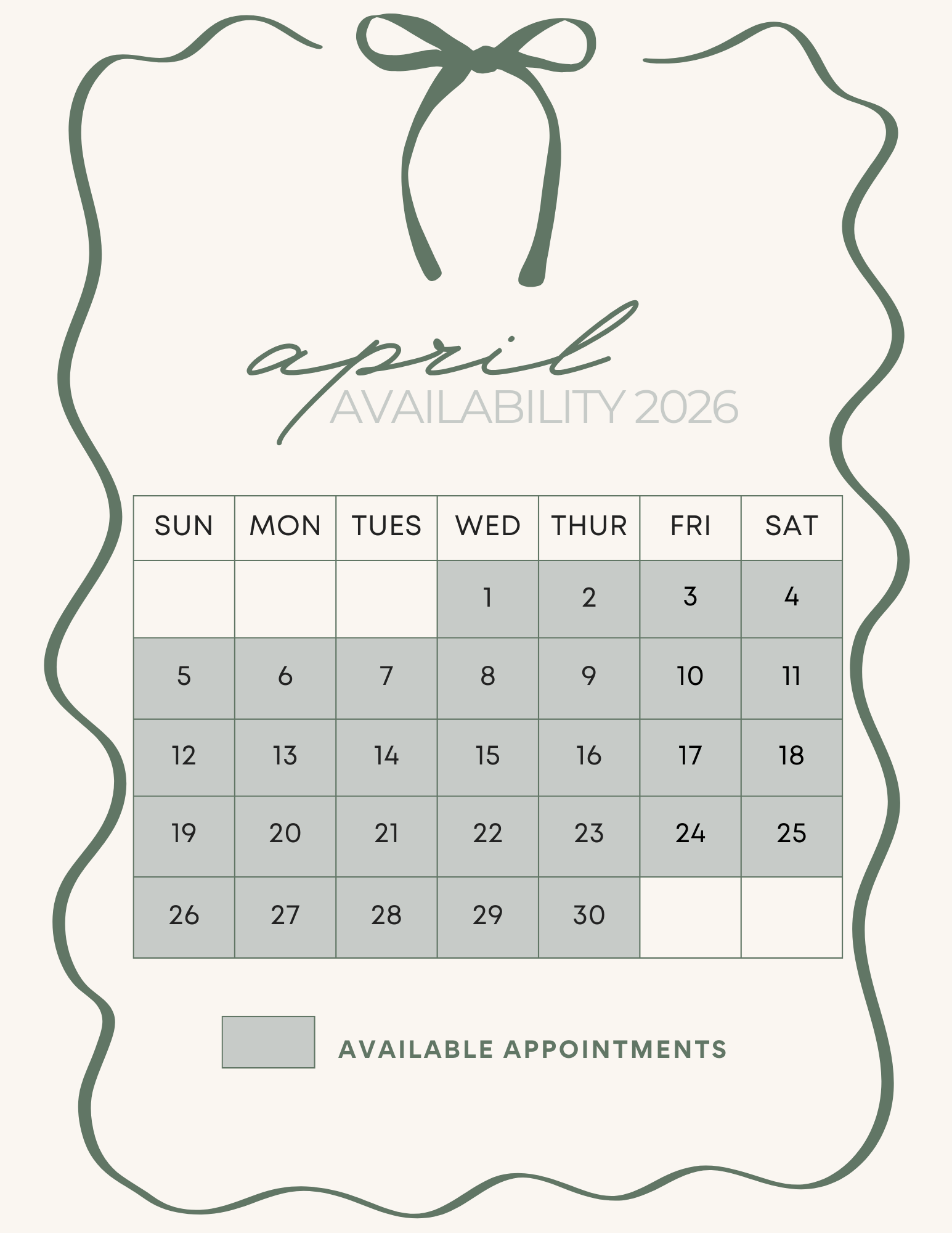 Monthly availability calendar for booking appointments - showing open dates with decorative border