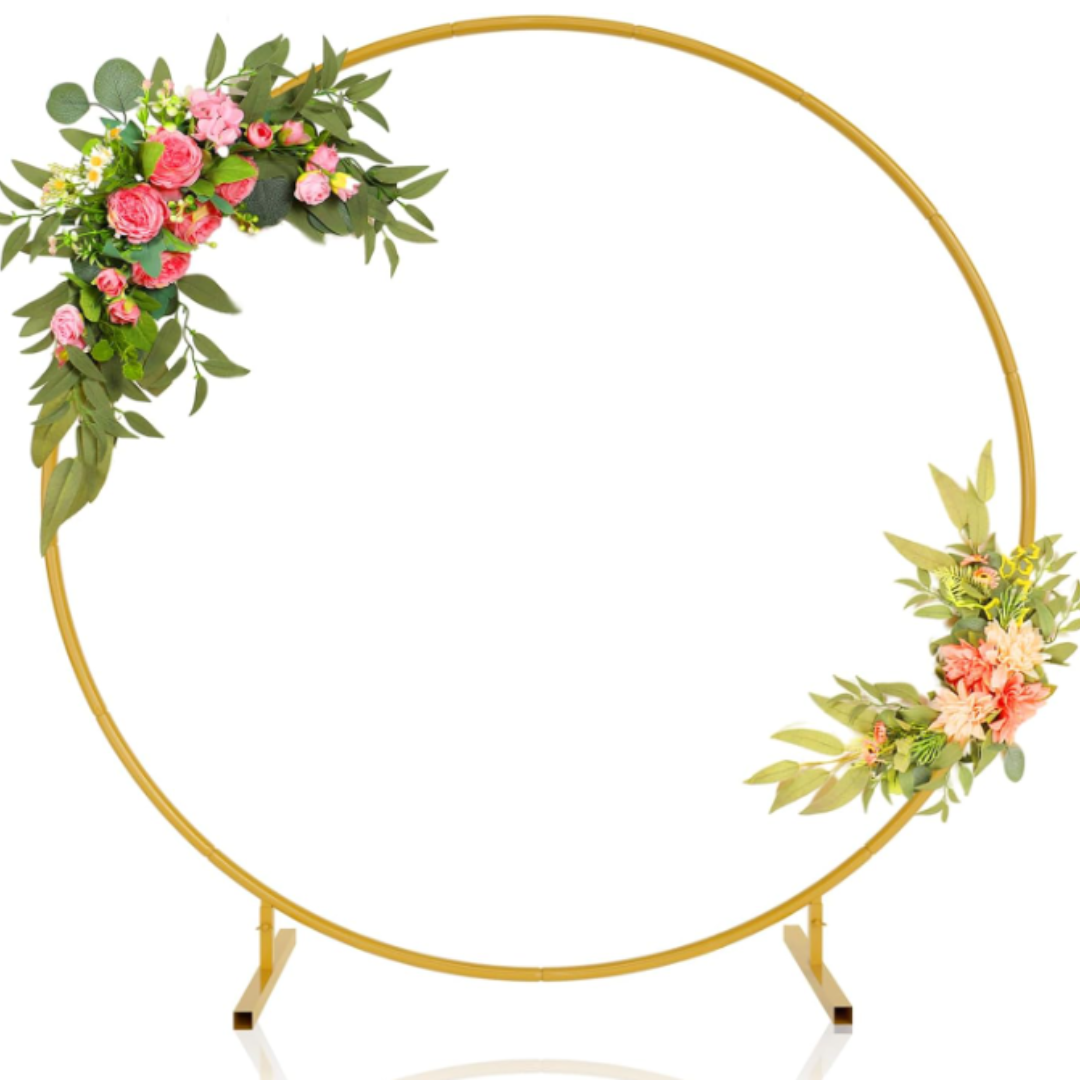 Gold circular floral frame with pink and green flowers and leaves