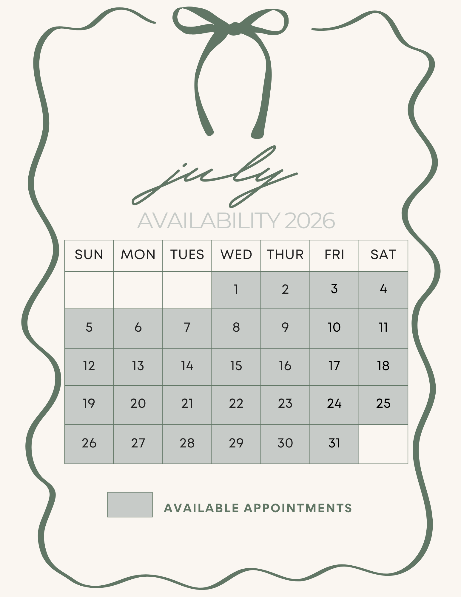 Monthly availability calendar for booking appointments - showing open dates with decorative border