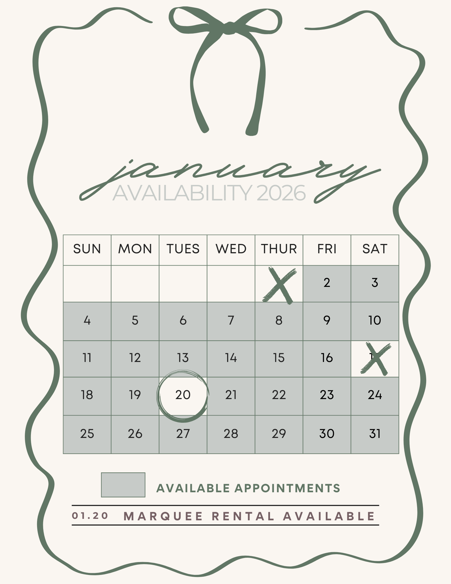 January 2026 calendar with available appointments marked and some dates crossed or circled, featuring a decorative border, a bow at the top, and text indicating Marquee Rental availability.