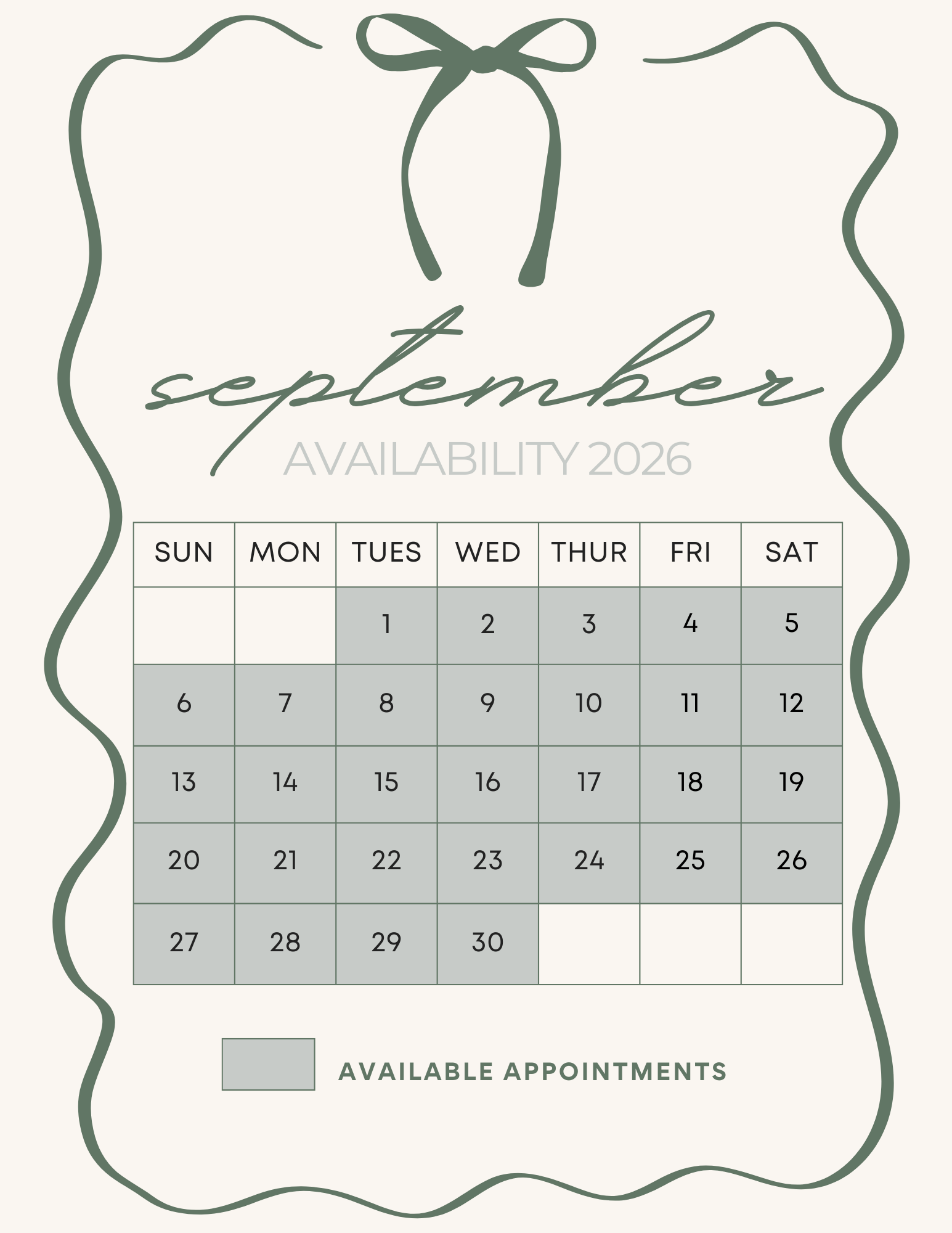 Monthly availability calendar for booking appointments - showing open dates with decorative border