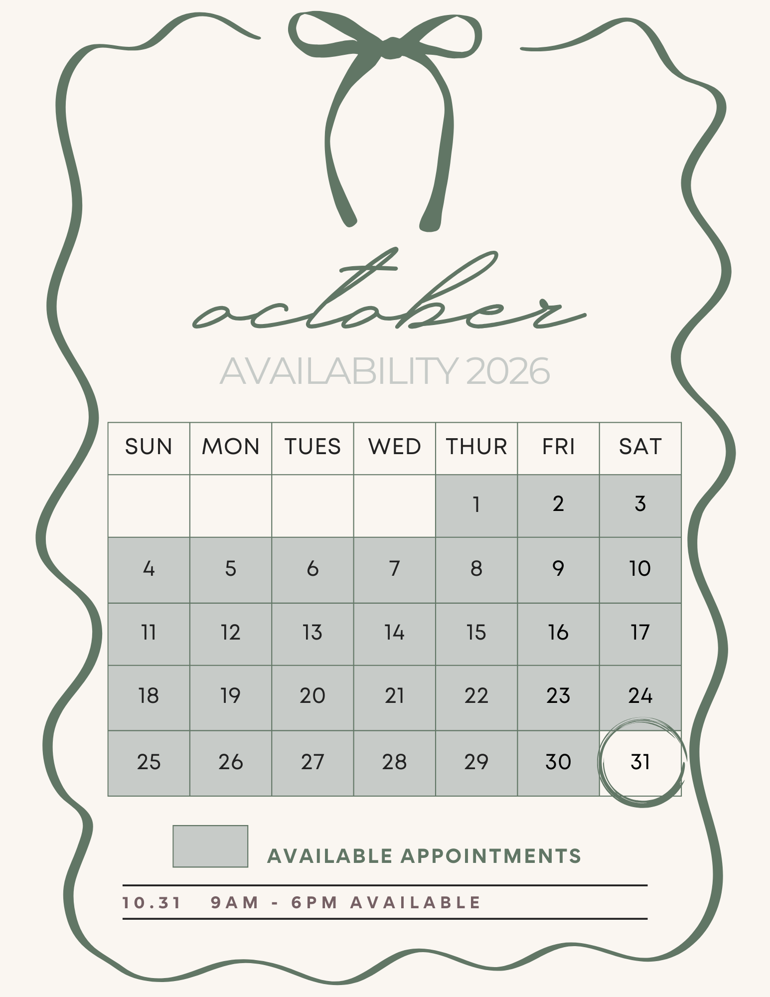 Monthly availability calendar for booking appointments - showing open dates with decorative border