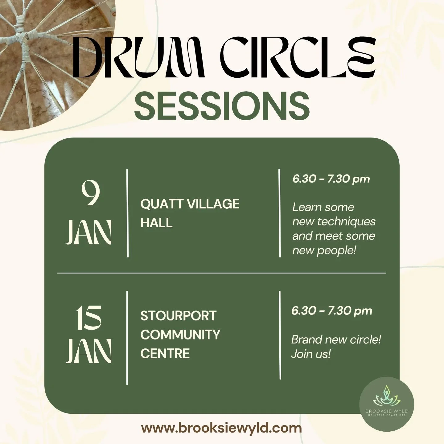 We've got new drums and new venues! Get involved!

To make some noise, chill out with us and schedule some much needed 'me-time' in the New Year, book your space at:
www.brooksiewyld.com/events