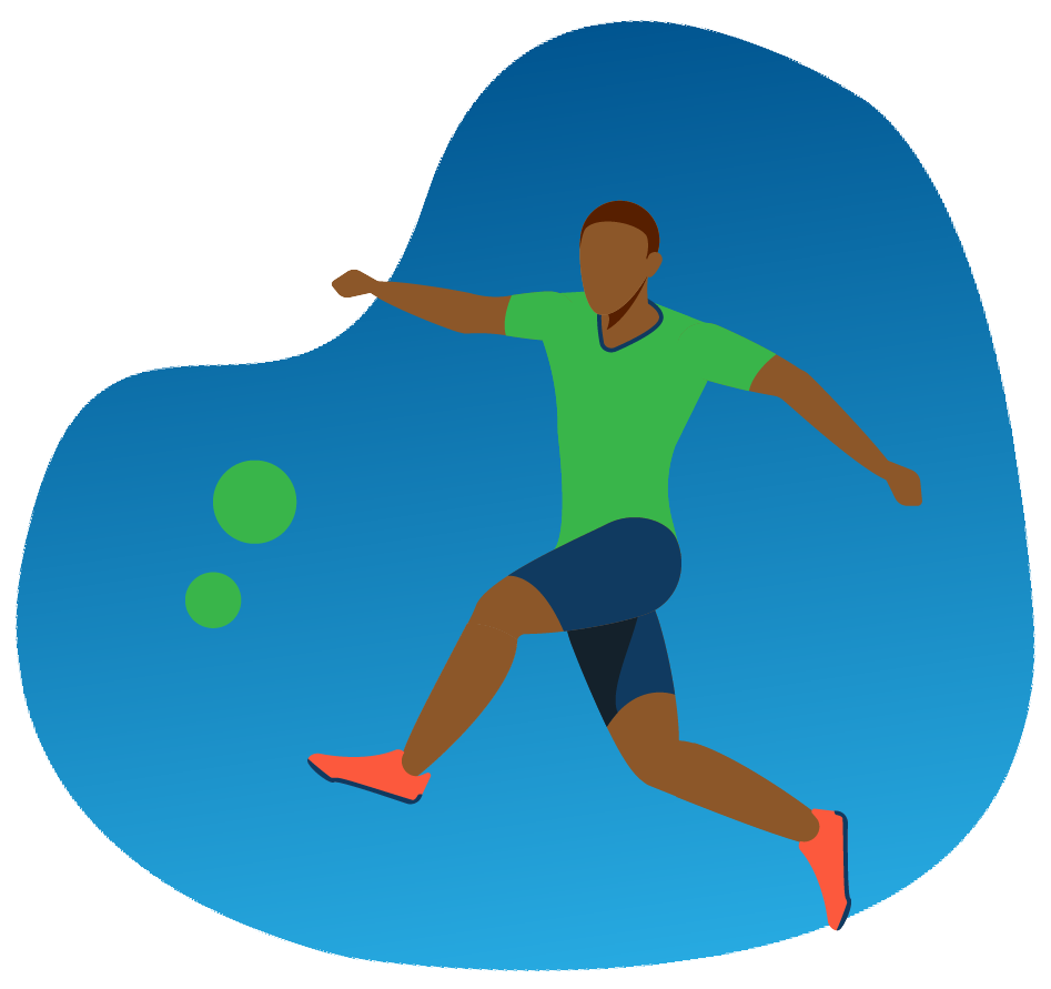 An illustration of a person in athletic clothing performing a running or jumping action against a blue abstract background.