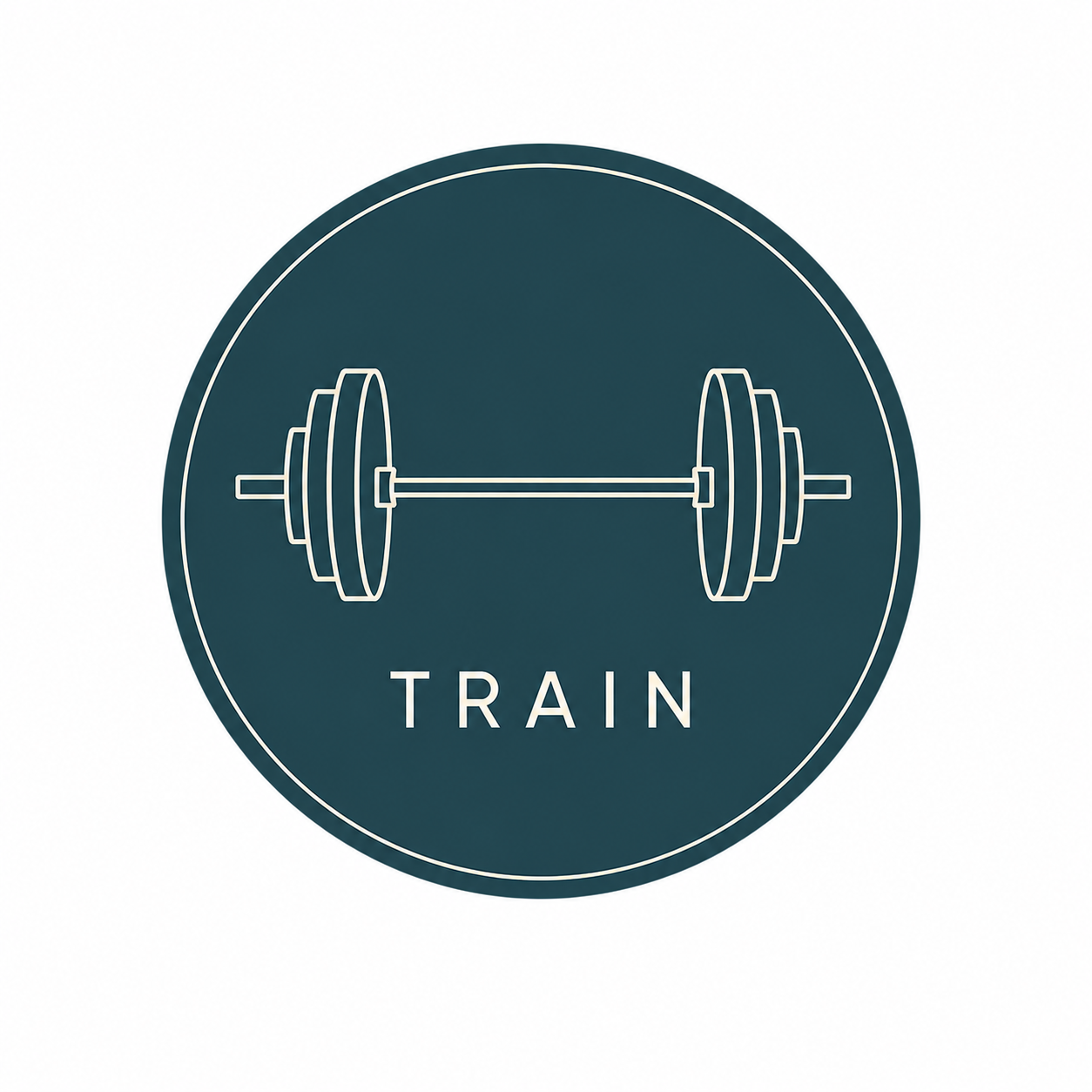 A fitness logo featuring a simple line drawing of a barbell with weights and the word 'TRAIN' underneath, all within a circular border.
