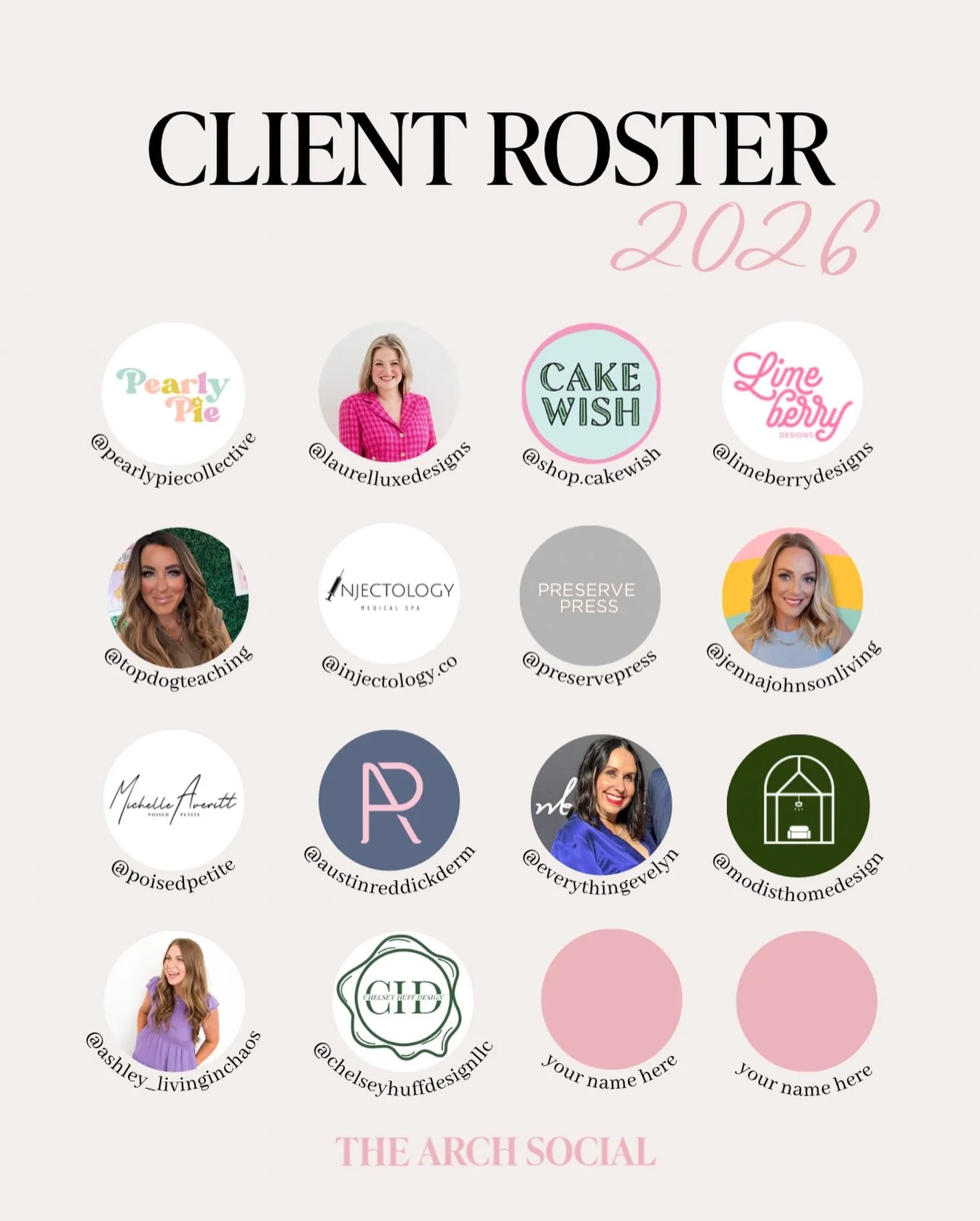 Snapshot of our updated Client Roster 🤩

We are SO excited to kick off the new year with a few new faces &amp; to continue with so many we love! It&rsquo;s hard to put in words how grateful our team is that you continue to trust us with your busines