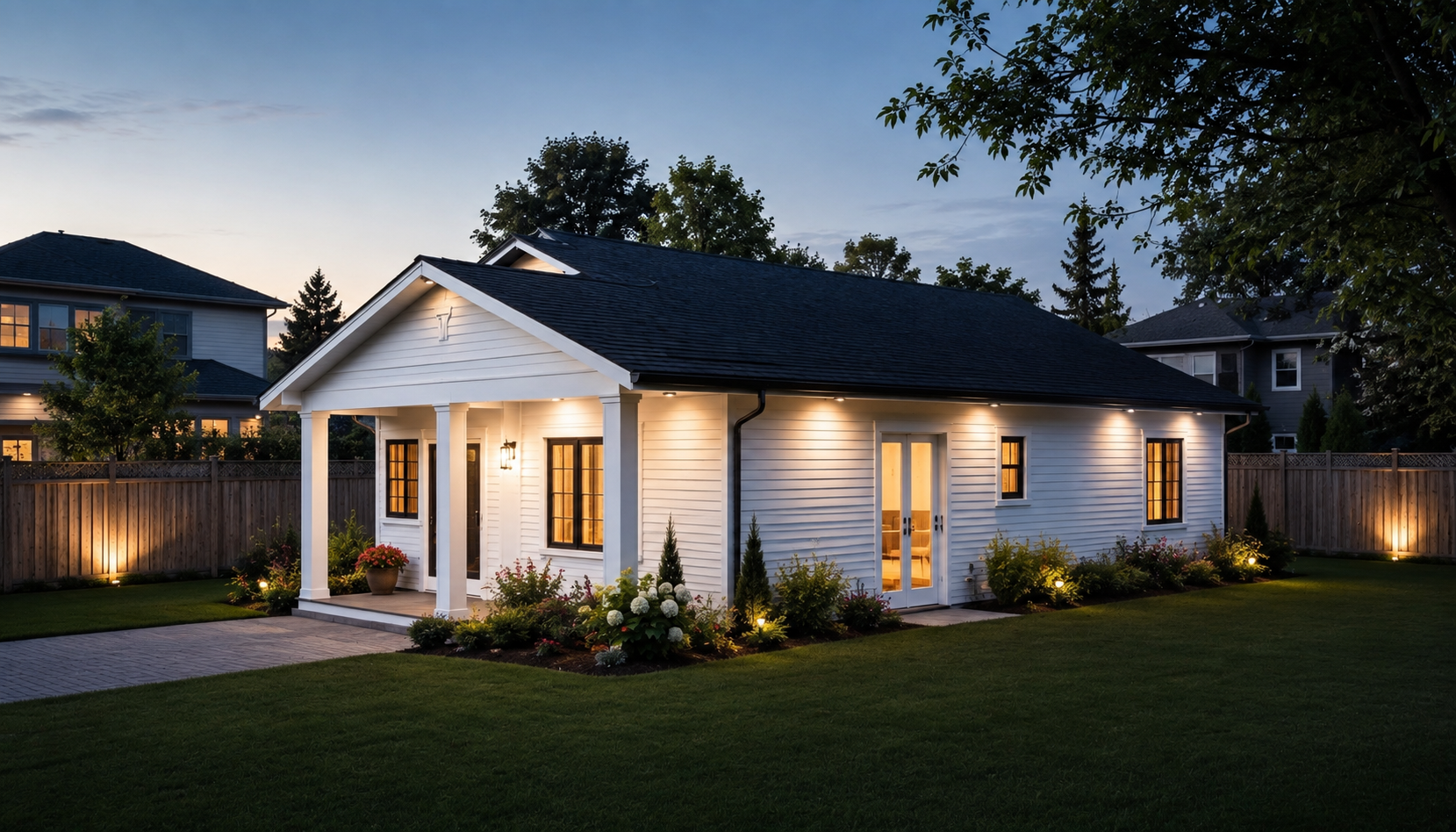 A cozy white house with a porch, surrounded by a landscaped yard with outdoor lights and flowers, at dusk.
