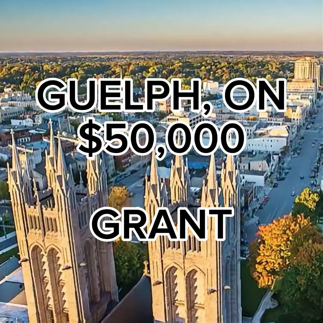 Aerial view of downtown Guelph, Ontario, with prominent church towers and city streets, overlaid with text 'Guelph, ON $50,000 Grant'.