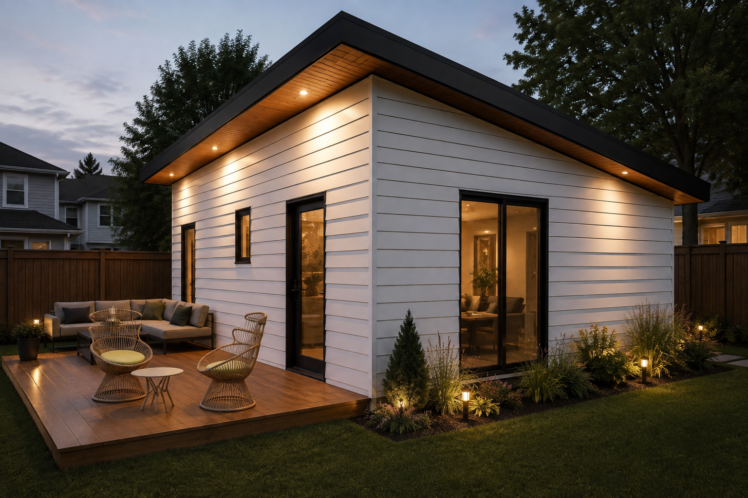 Exterior view of a modern backyard with a wooden patio, outdoor seating, and garden lighting at dusk.