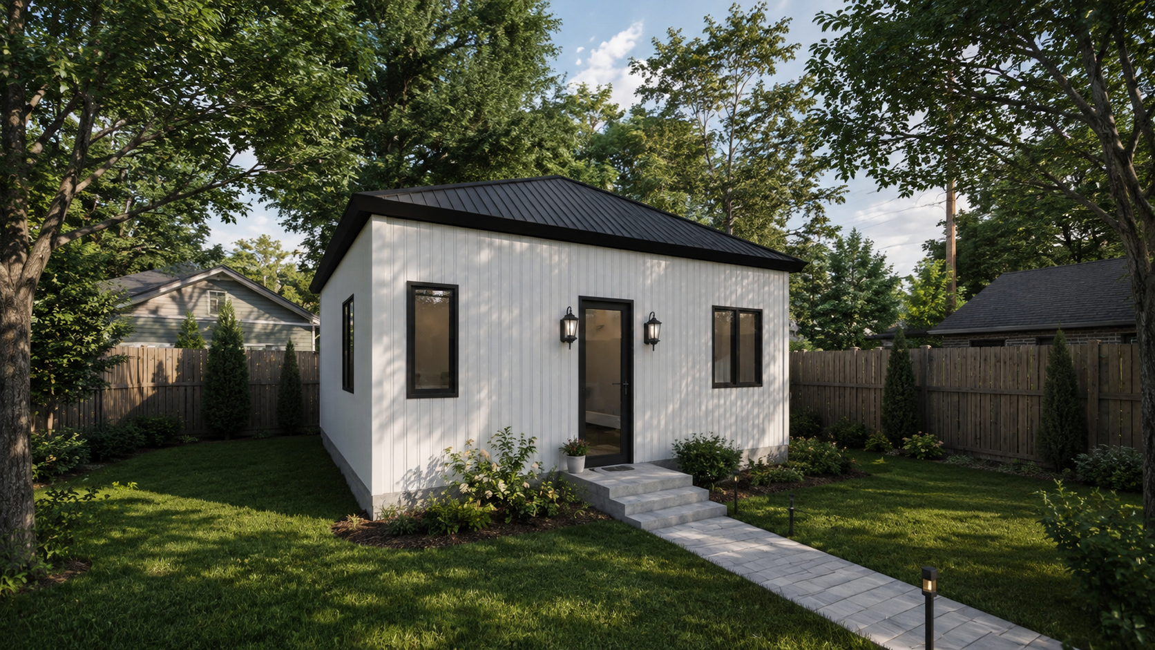 Small white modern shed with black trim and lantern lights, surrounded by green lawn, shrubs, trees, and a wooden fence.