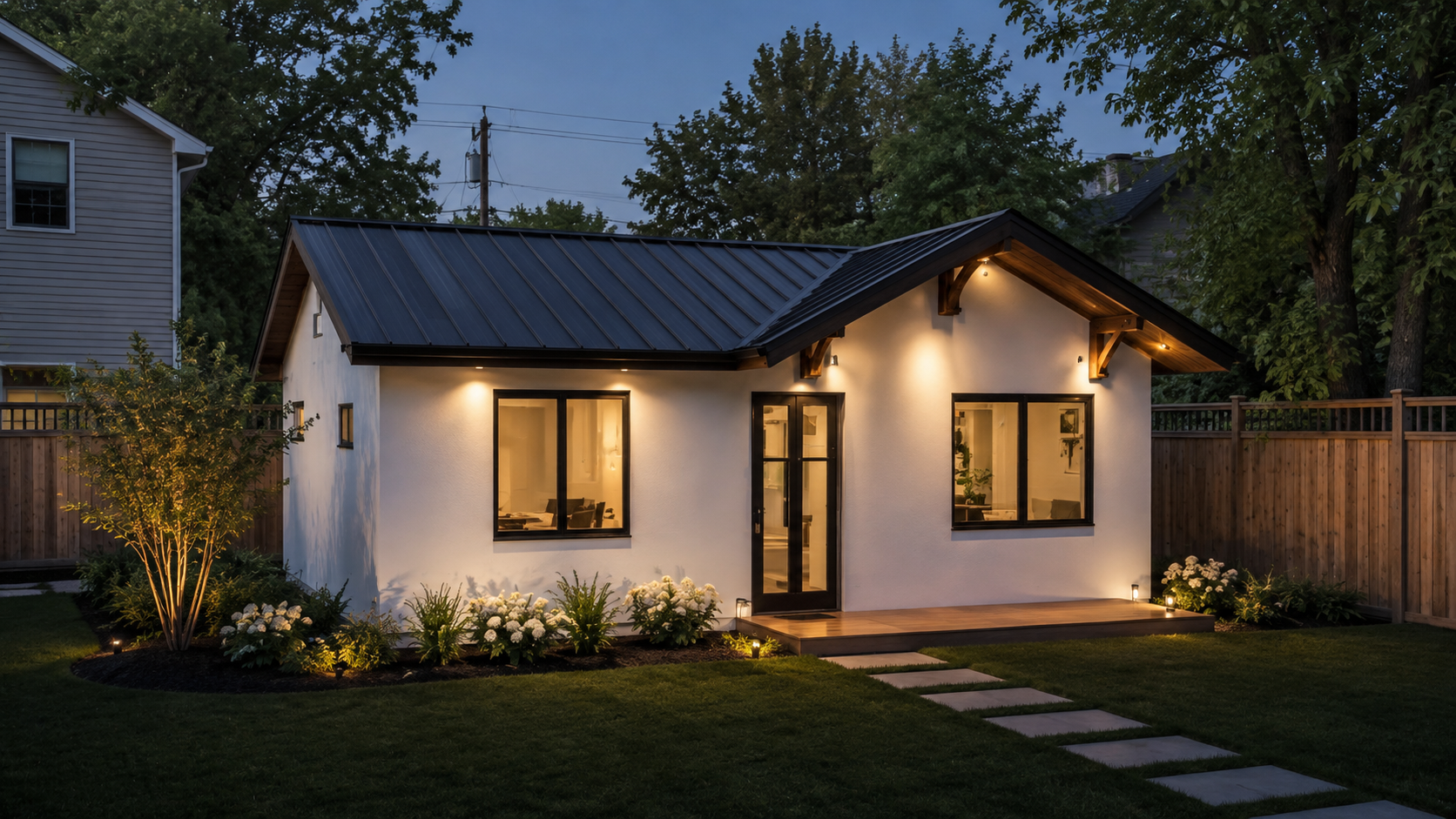 A small modern house with illuminated exterior lights, a black metal roof, large front windows, a glass door, and a well-maintained garden with plants and pathway lighting at dusk.