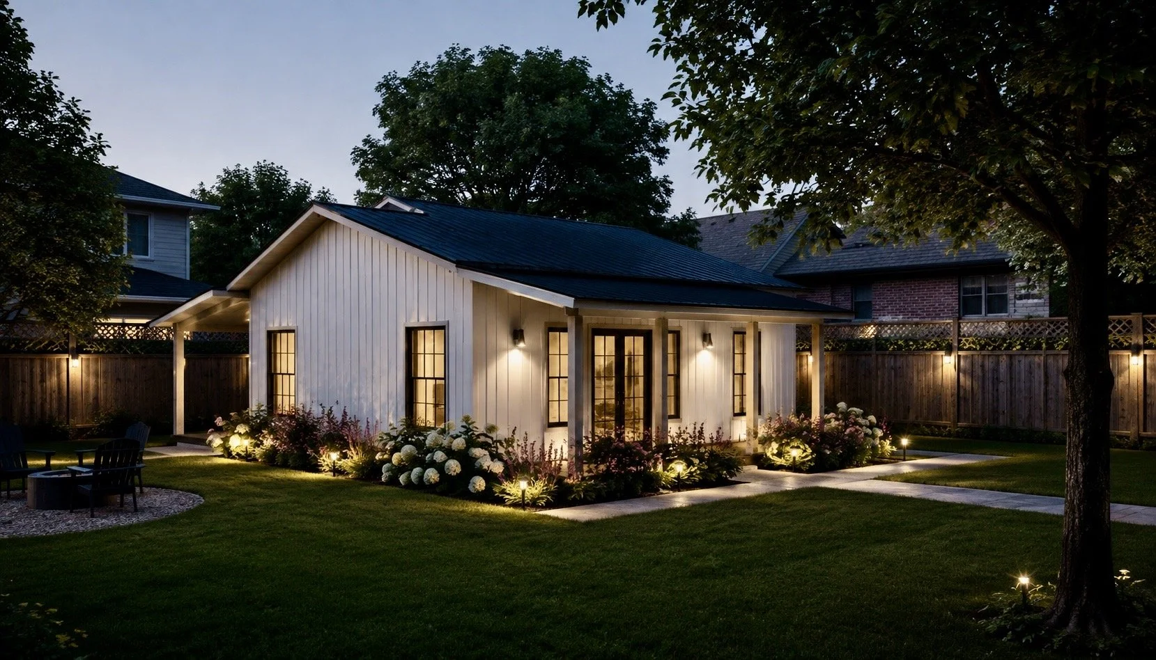 A small white house with large windows and a black roof is illuminated at dusk, surrounded by a landscaped yard with flowers, grass, and outdoor lighting, with neighboring houses and trees in the background.