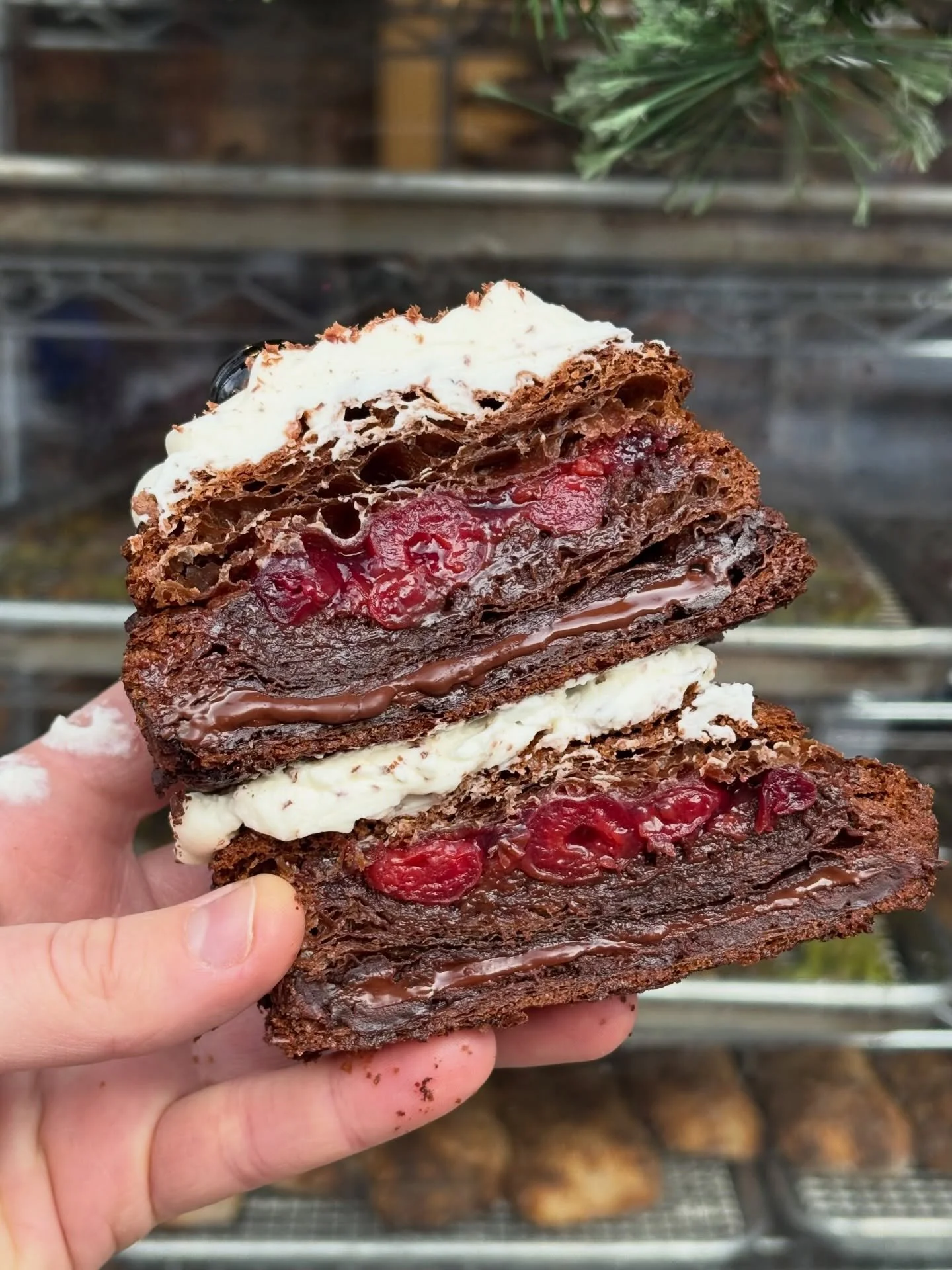 Ok! Cat&rsquo;s outta the bag!

🍒BLACK FOREST CROISSANT🥐 

Our triple chocolate croissant is filled with flourless chocolate cake and sour cherry compote. It&rsquo;s baked until crispy on the outside, goey on the inside. Topped with mascarpone crea