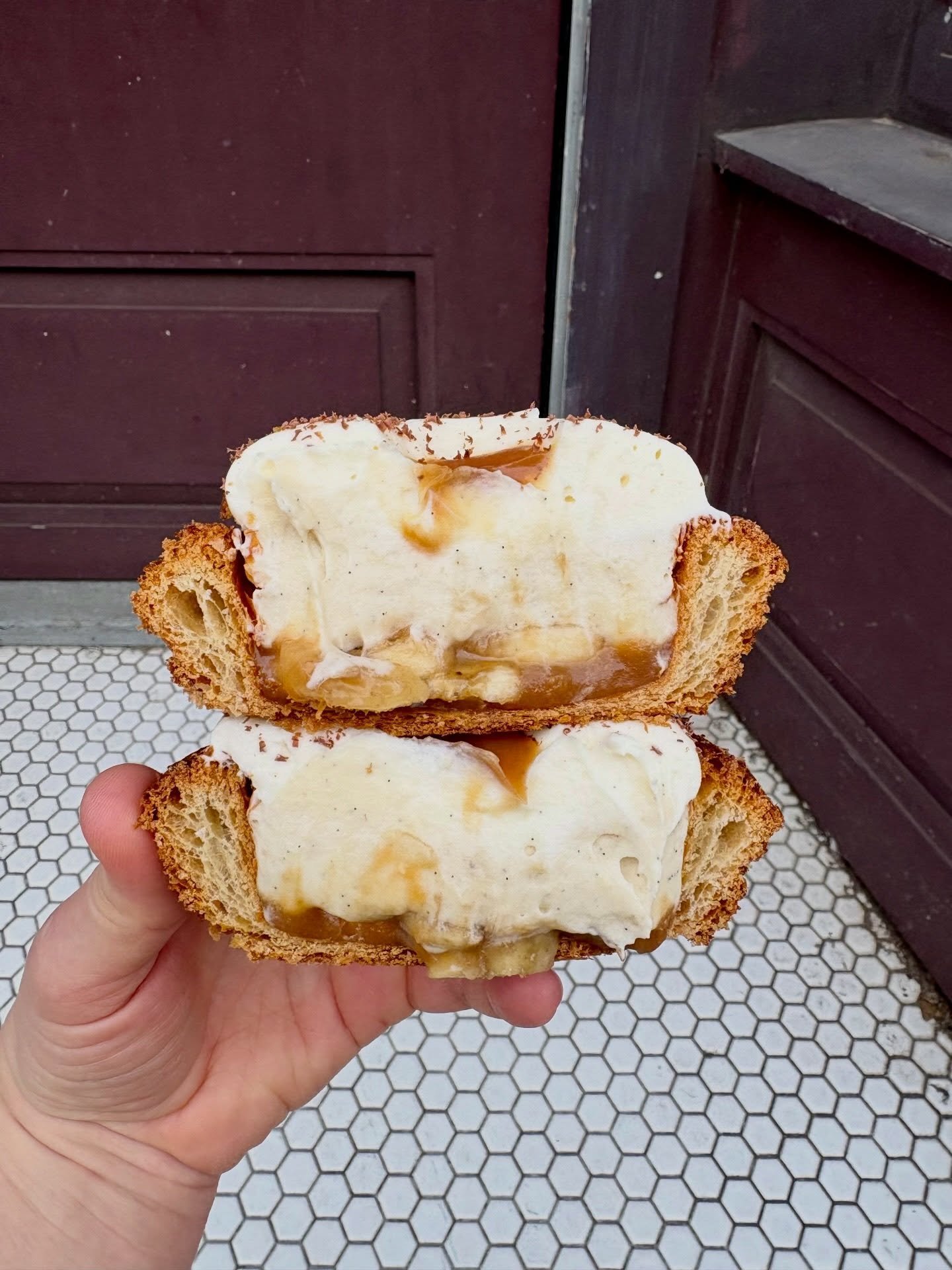 PROSPECT HEIGHTS!

Today and tomorrow: Banoffee Croissant 

Toffee sauce, fresh bananas, banana custard &amp; chantilly. 

Hitting the counter at 10am until sold out. A week day TREAT! 🍌
