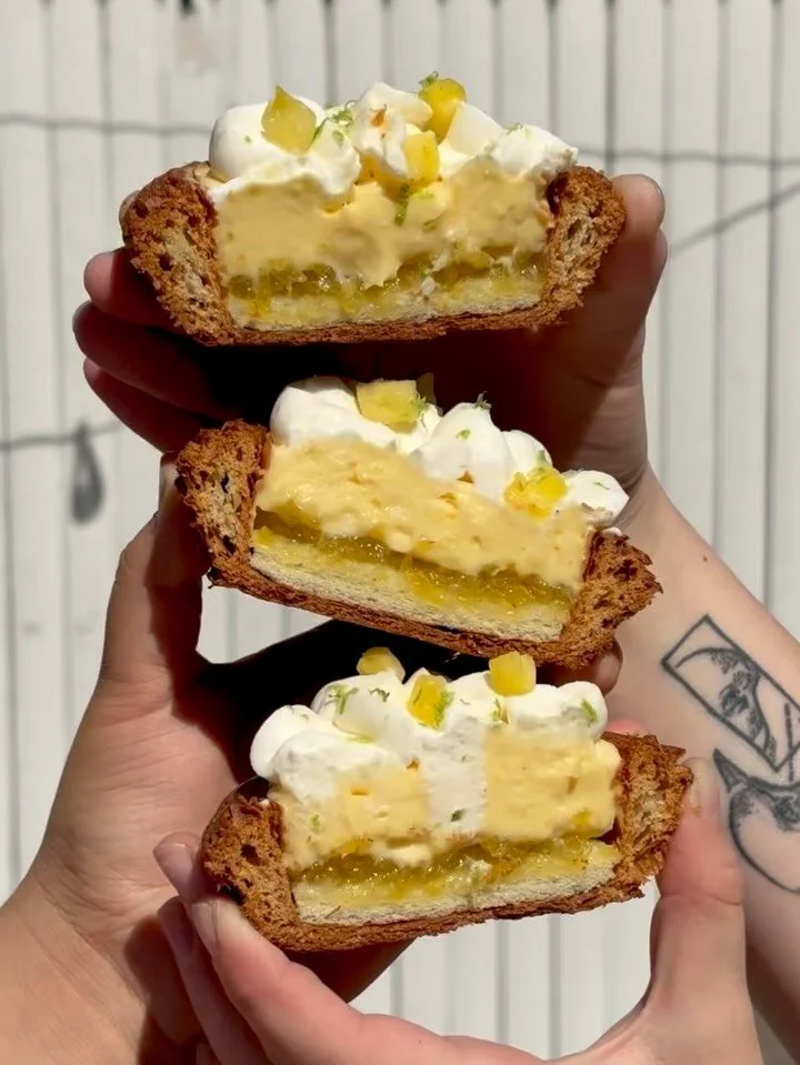 EASTER SPECIAL PART 2: PINA COLADA CROISSANT 🏝️

Chiffon cake soaked in pineapple lime marmalade, pina colada custard (coconut! rum! pineapple!) and whipped cream. Finished off with fresh pineapple and lime zest. 

On the counter at our Prospect Hei
